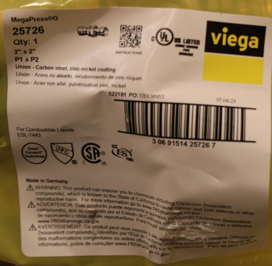 Viega 25726 – MegaPress 2″ x 2″ P X P Union Carbon Steel Press Fitting