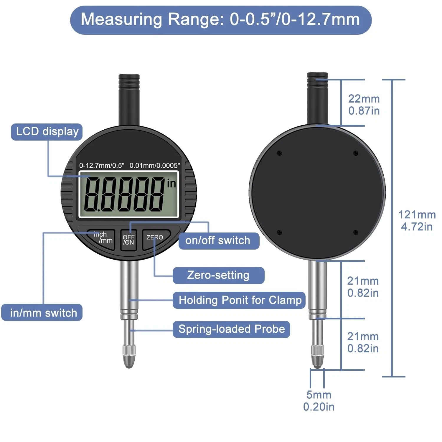 HDLNKAK Electronic Digital Dial Indicator Gauge 0-12.7mm/0.5” Inch/Metric Con…