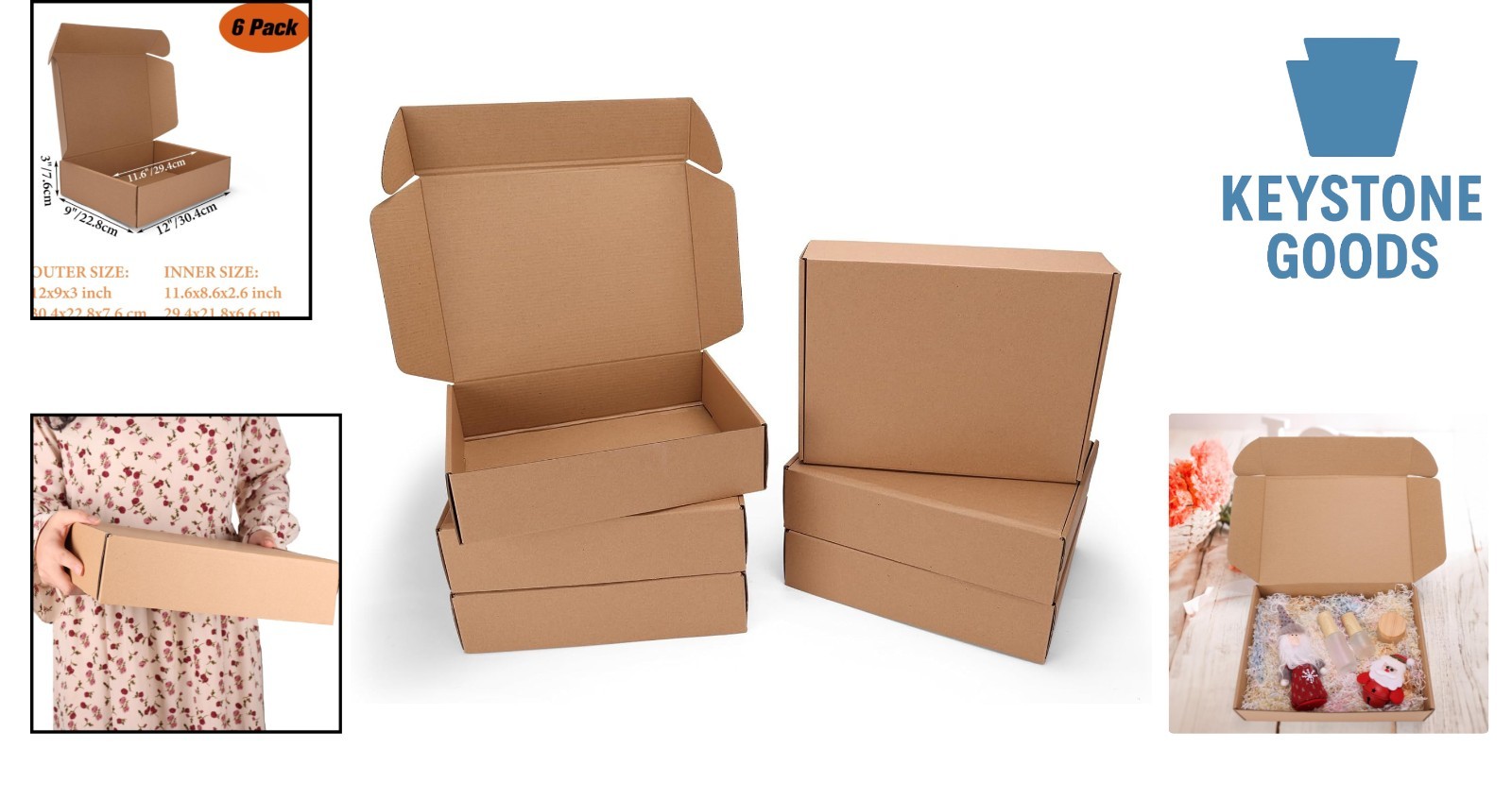 6 Pack Brown Shipping & Gift Boxes, 12x9x3 Inch Kraft Cardboard Mailers for S…