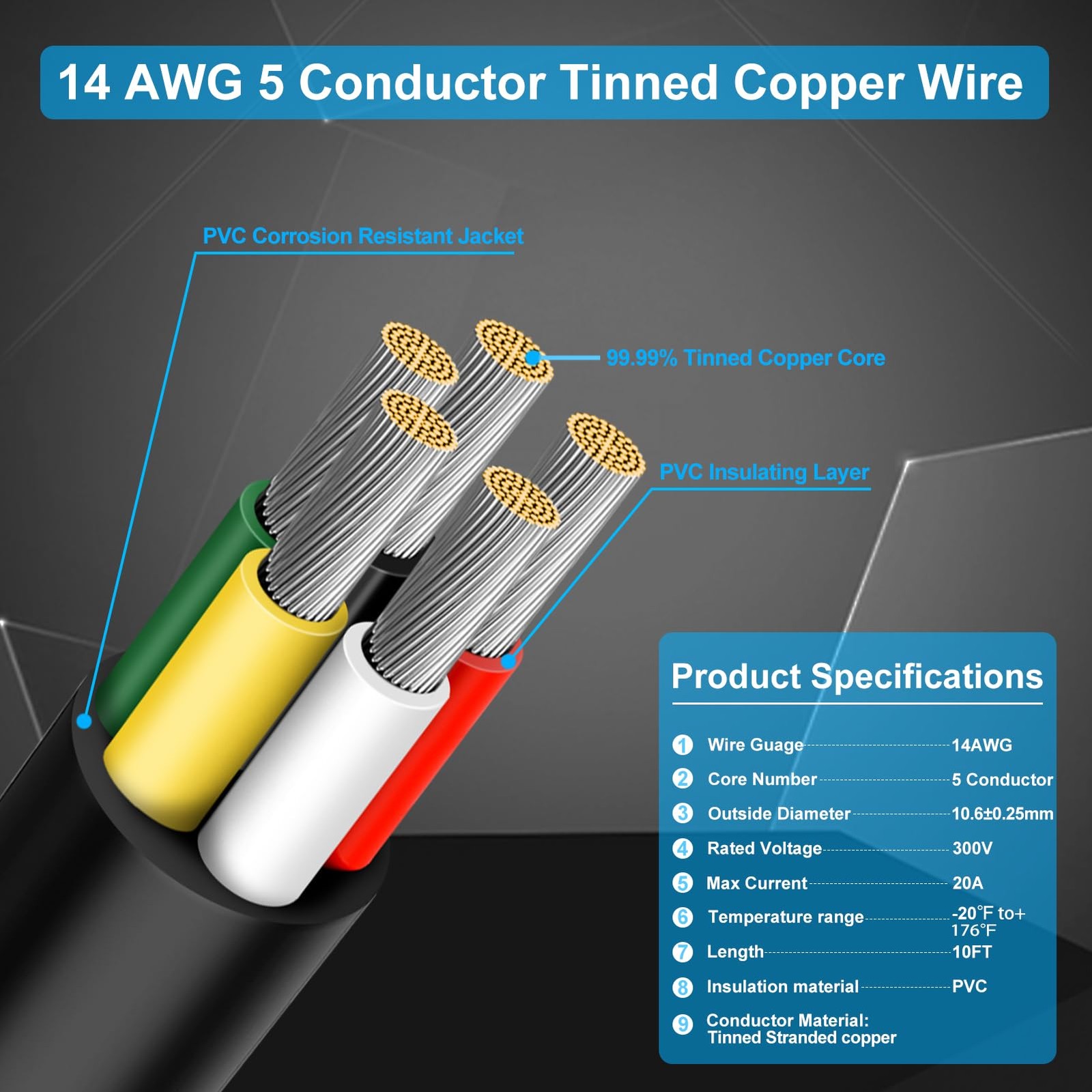14 Gauge 5 Conductor Wire, 10FT 14/5 Tinned Copper 5 Wire Cable,Stranded Elec…