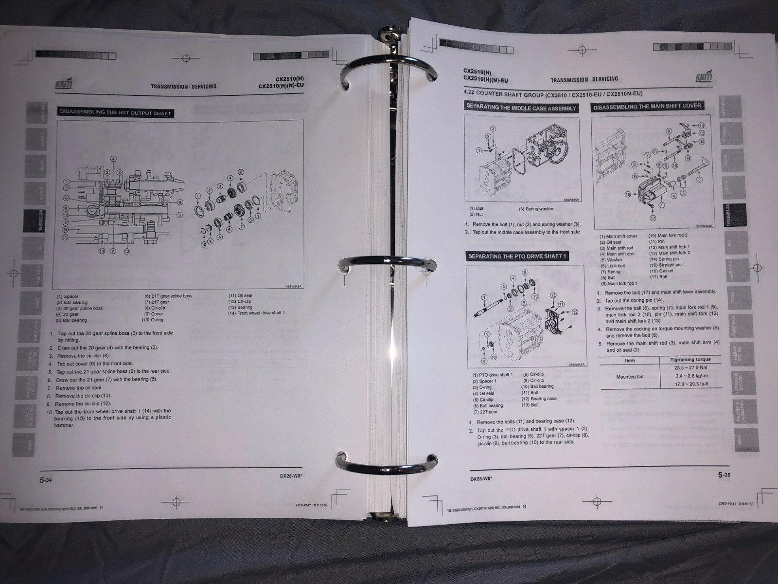 Kioti Daedong CX2510 CX2510-EU tractor service repair workshop manual binder f