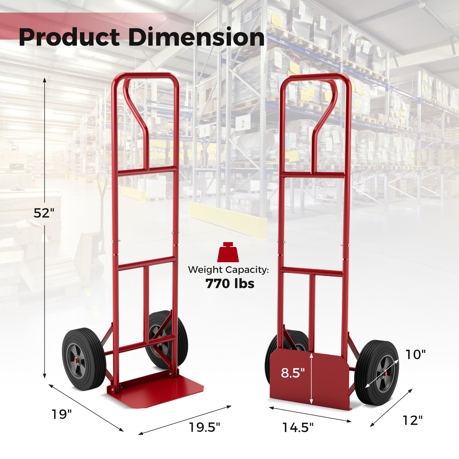 Heavy-Duty Hand Truck with P-Shaped Handle for Home Warehouse Garage Red
