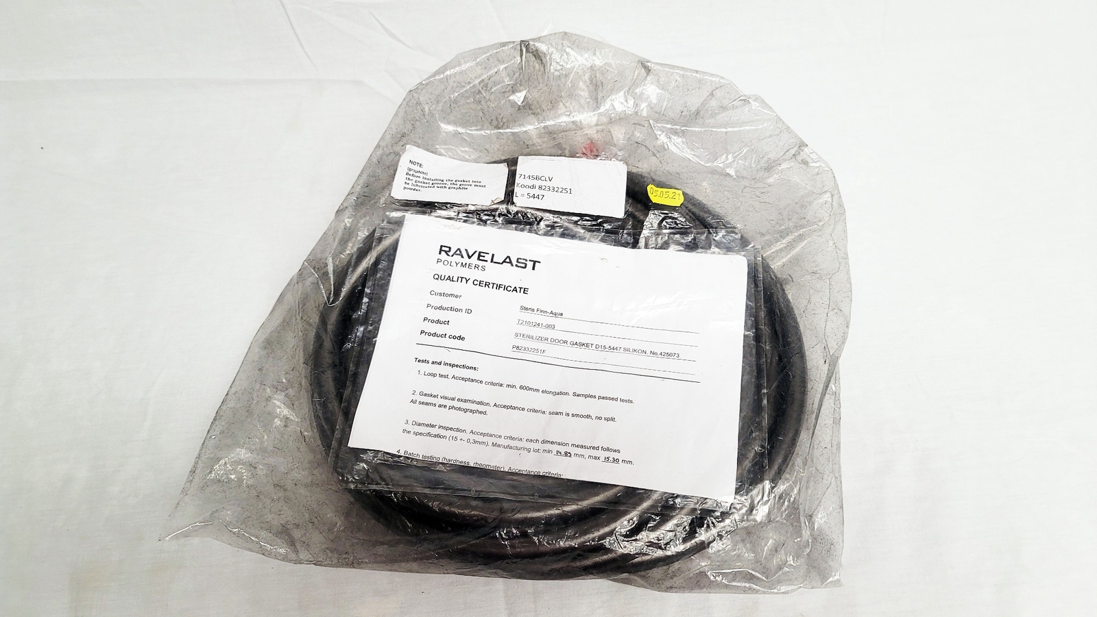 Ravelast Polymers STARIS Finn-Aqua Sterilizer Door Gasket P82332251F Silicone
