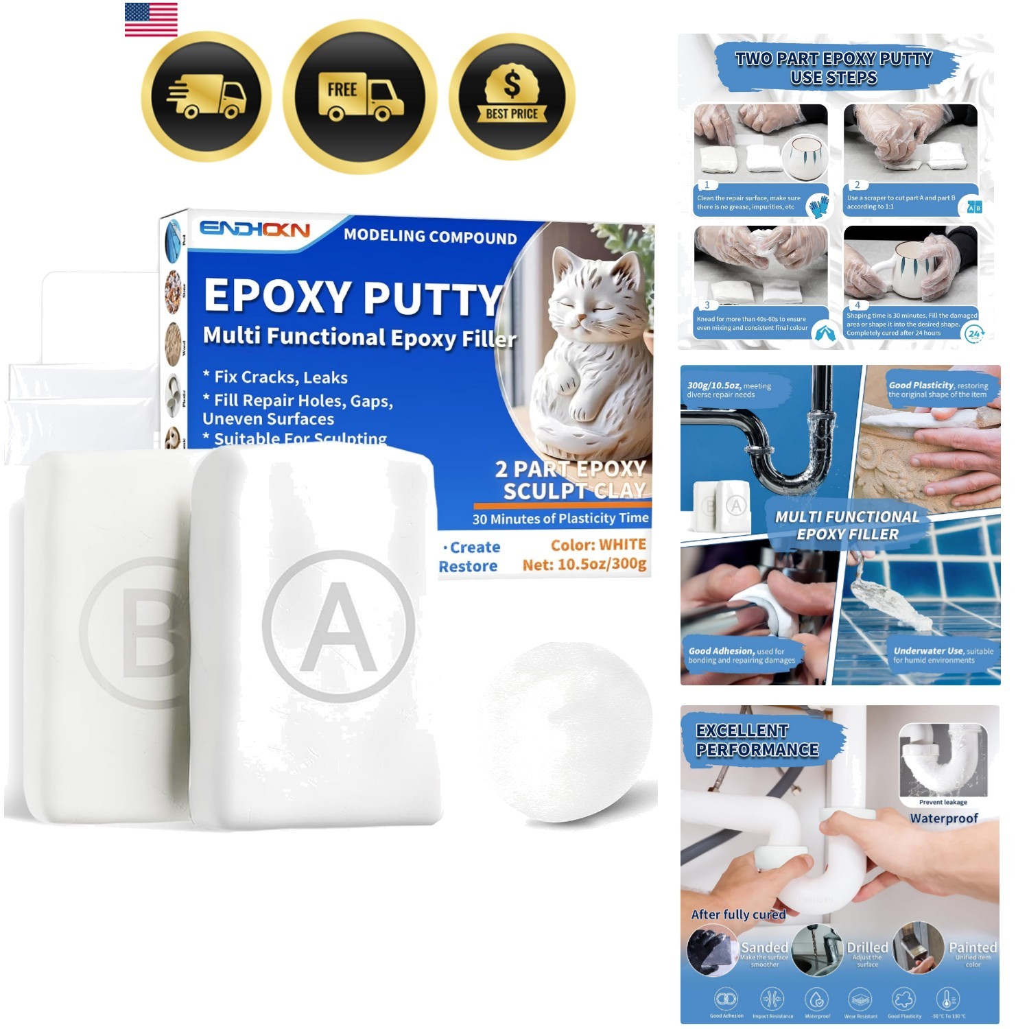 Epoxy Putty, 10.5oz White Putty Stick Fix Leaks, Cracks and Fill Holes, Sculp…