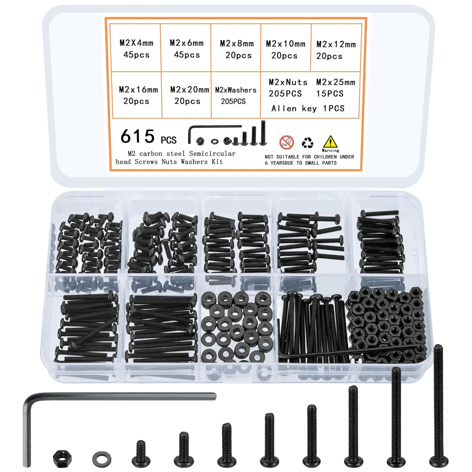 615Pcs M2 Screw Assortment M2 Bolts & Nuts Kit Hex Socket Button Head Cap Screws