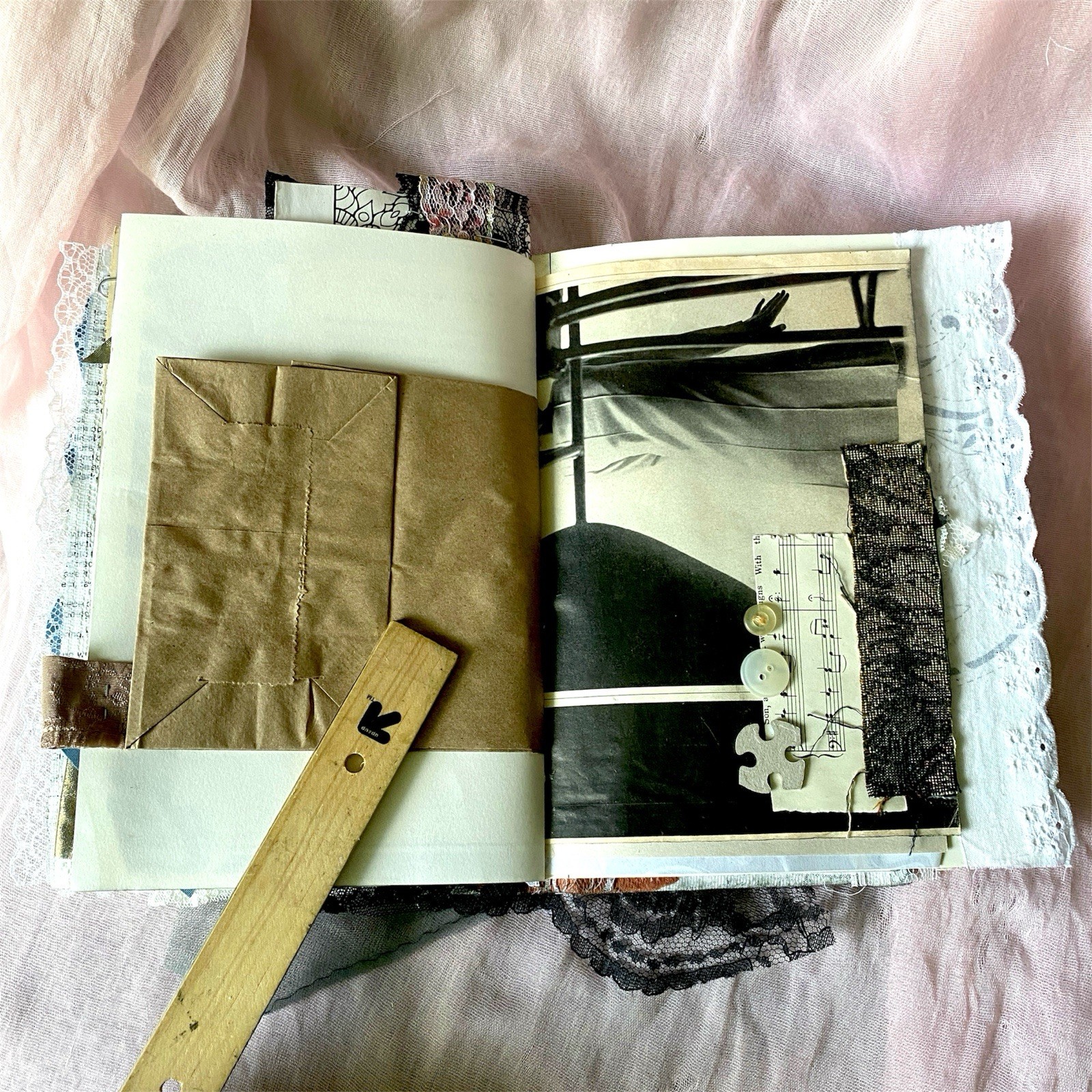 Handmade Authentic Vintage Junk Journal Book 90 Pgs Layered Lace Pockets Diary
