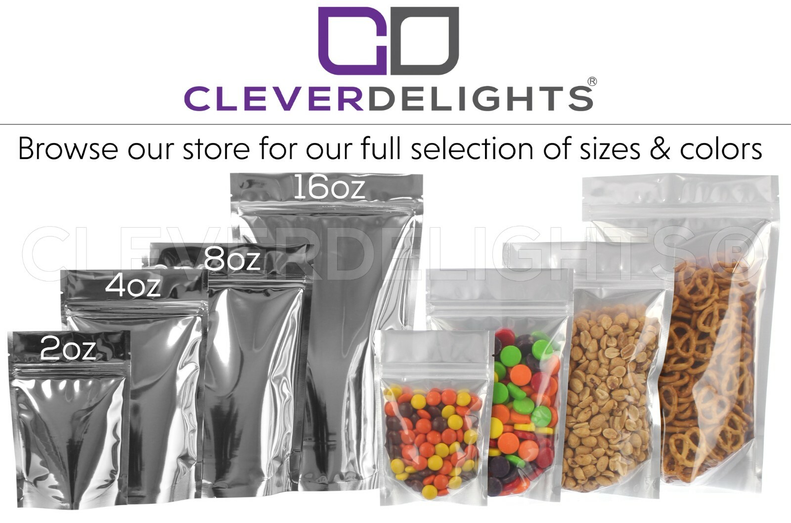 Silver/Clear Stand Up Pouches – 4oz – 5″ x 8″ x 2.5″ – Resealable Zip Pouch Bags