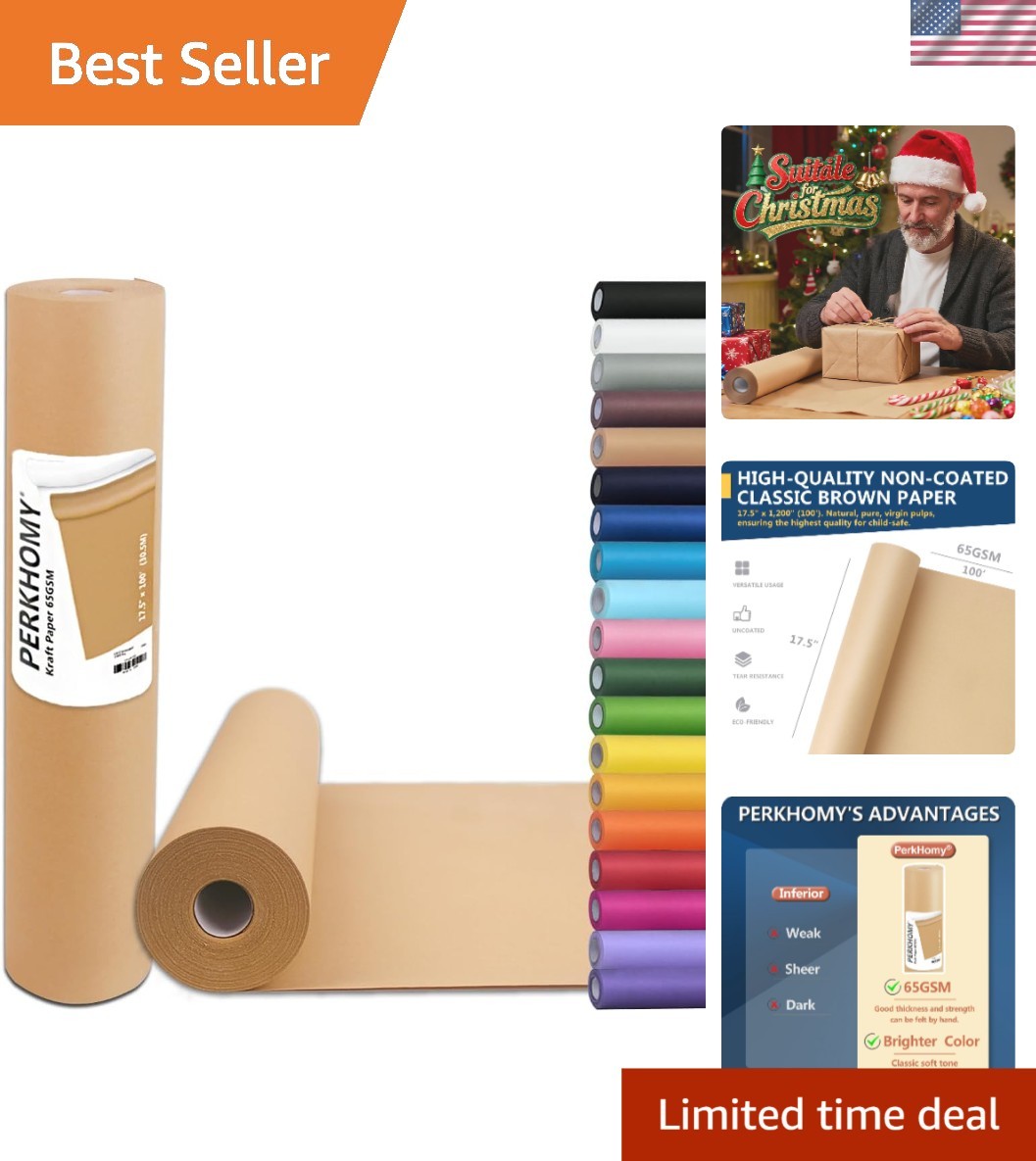 PerkHomy Brown Kraft Paper Roll, 17.5″ x 1200″, 100 ft, 70GSM