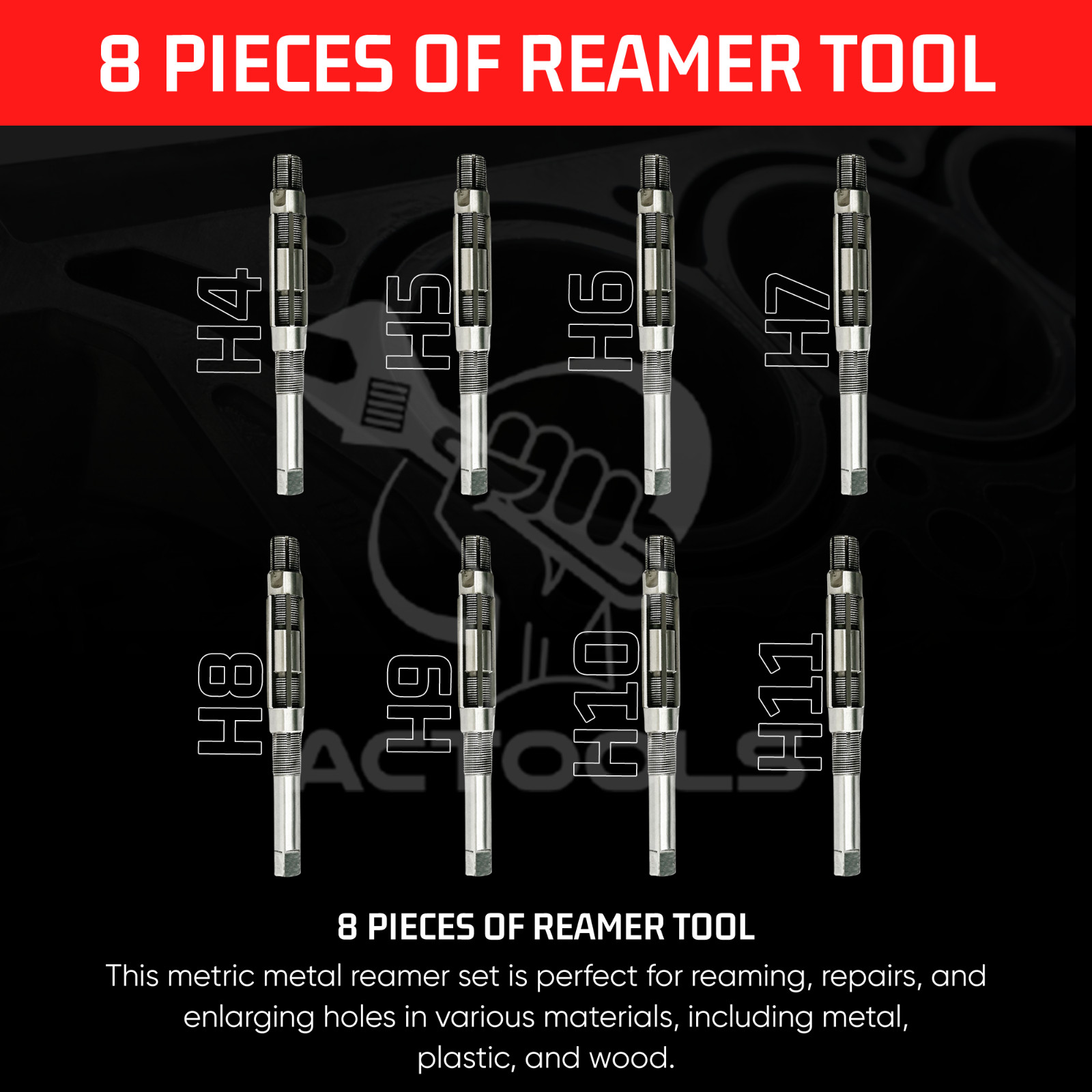 Adjustable Hand Reamer 8 Pcs Set H-4 to H-11 Sizes 15/32 To 1.1/16 ‘USA ACTOOLS