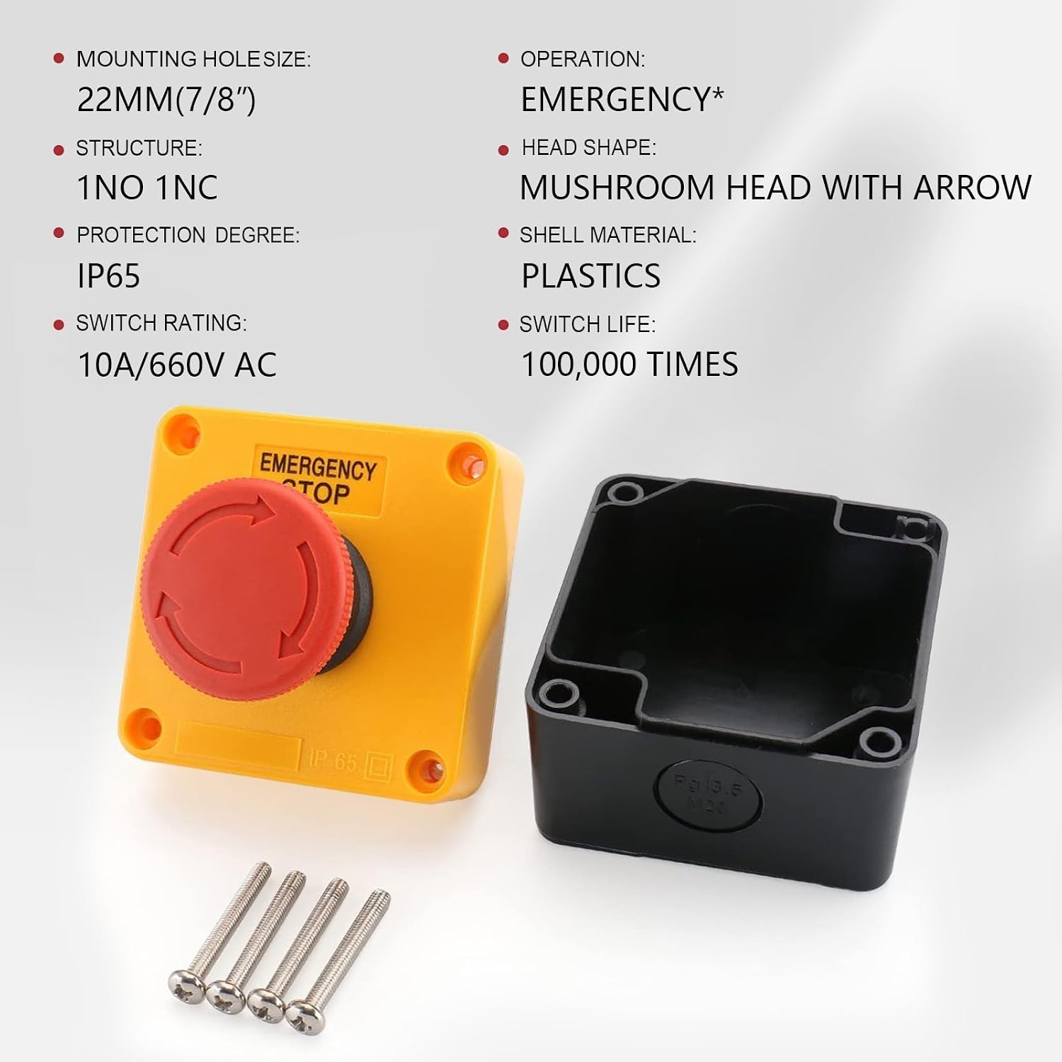 Red Emergency Stop Switch Weatherproof Push Button with Box 10A 660V 1NO 1NC