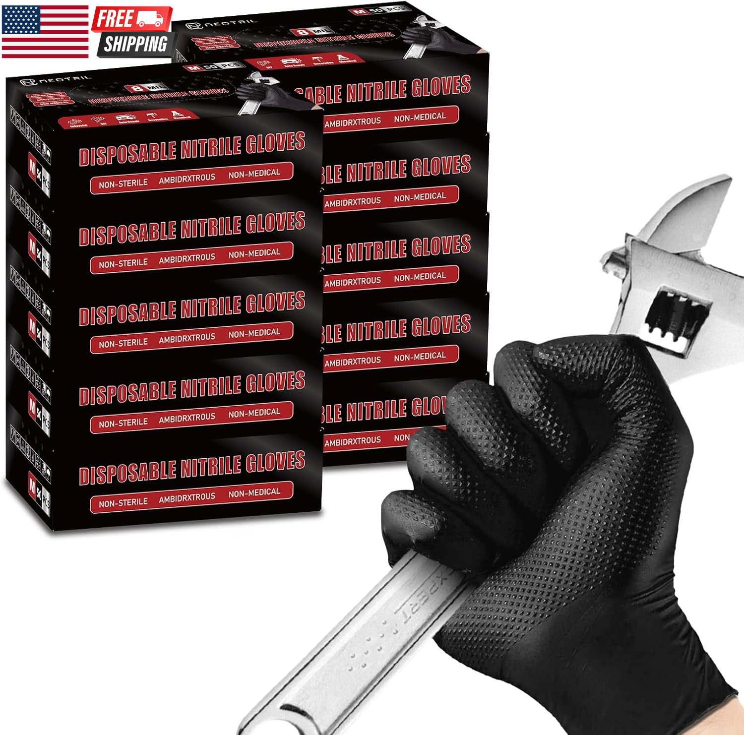 8 Mil Heavy Duty Disposable Nitrile Gloves with Diamond Texture Grip Rubber Glov
