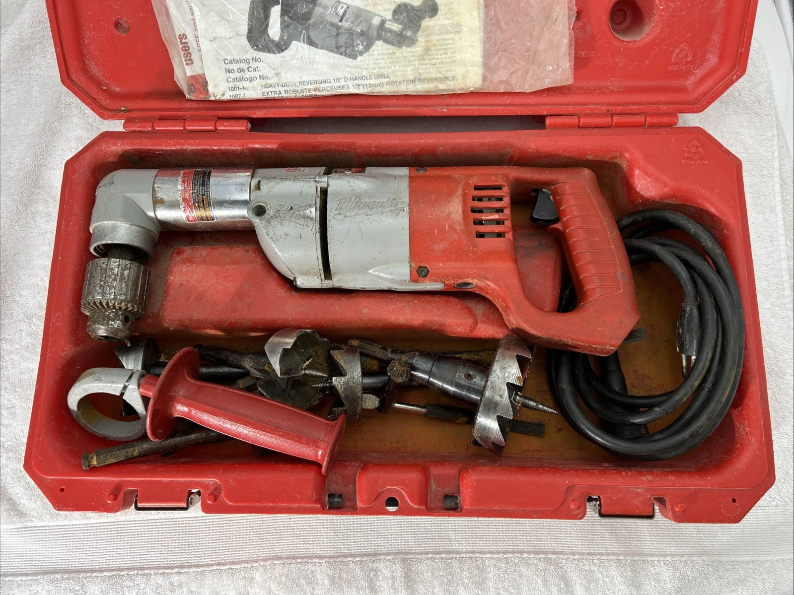 Milwaukee 1107-1 1/2″ Right Angle Drill Hole Hawg w/ Case Chuck Key Handle Extra