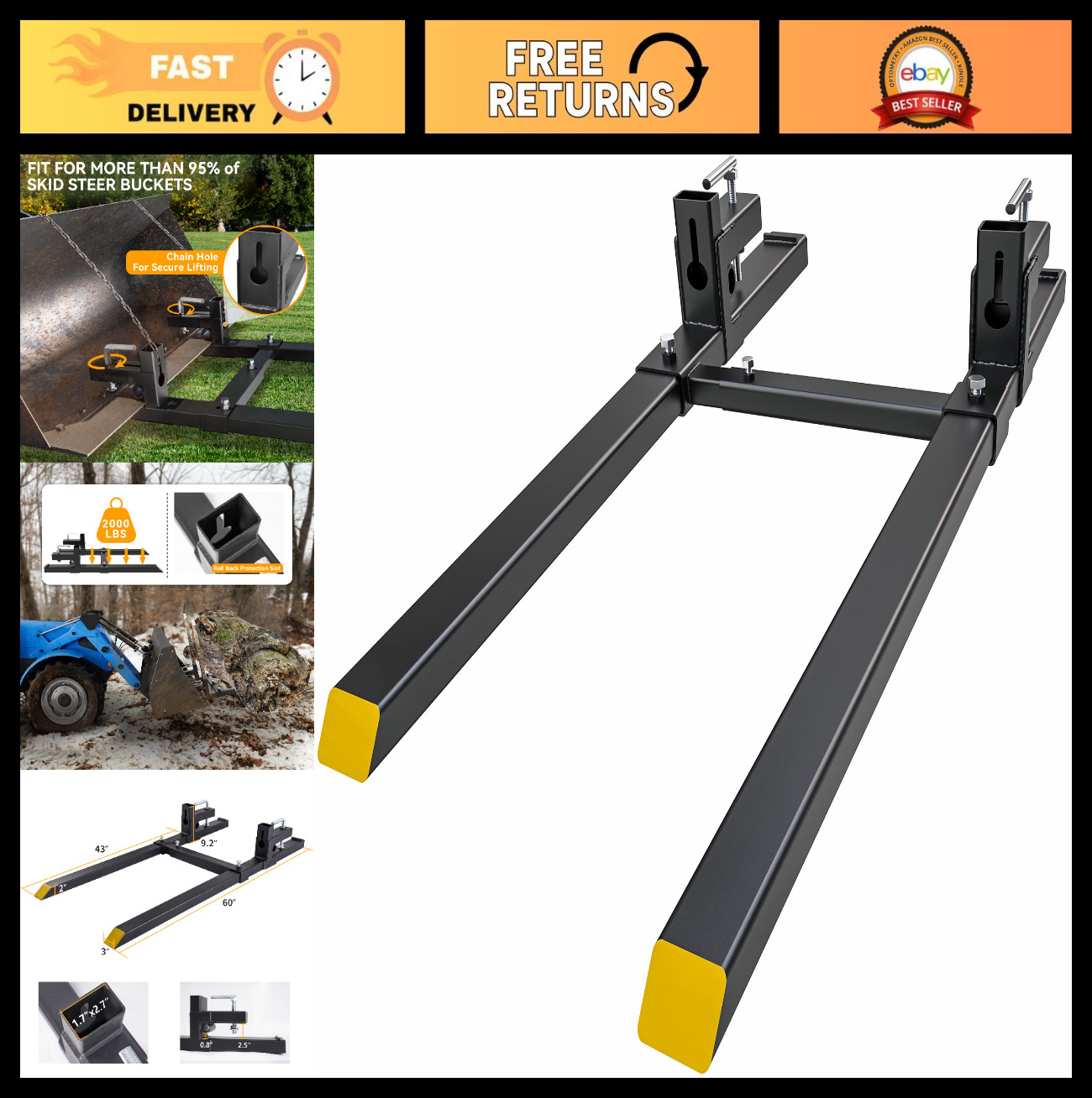 60″ Heavy Duty Clamp-on Pallet Forks 2000lbs with Adjustable Stabilizer Bar for