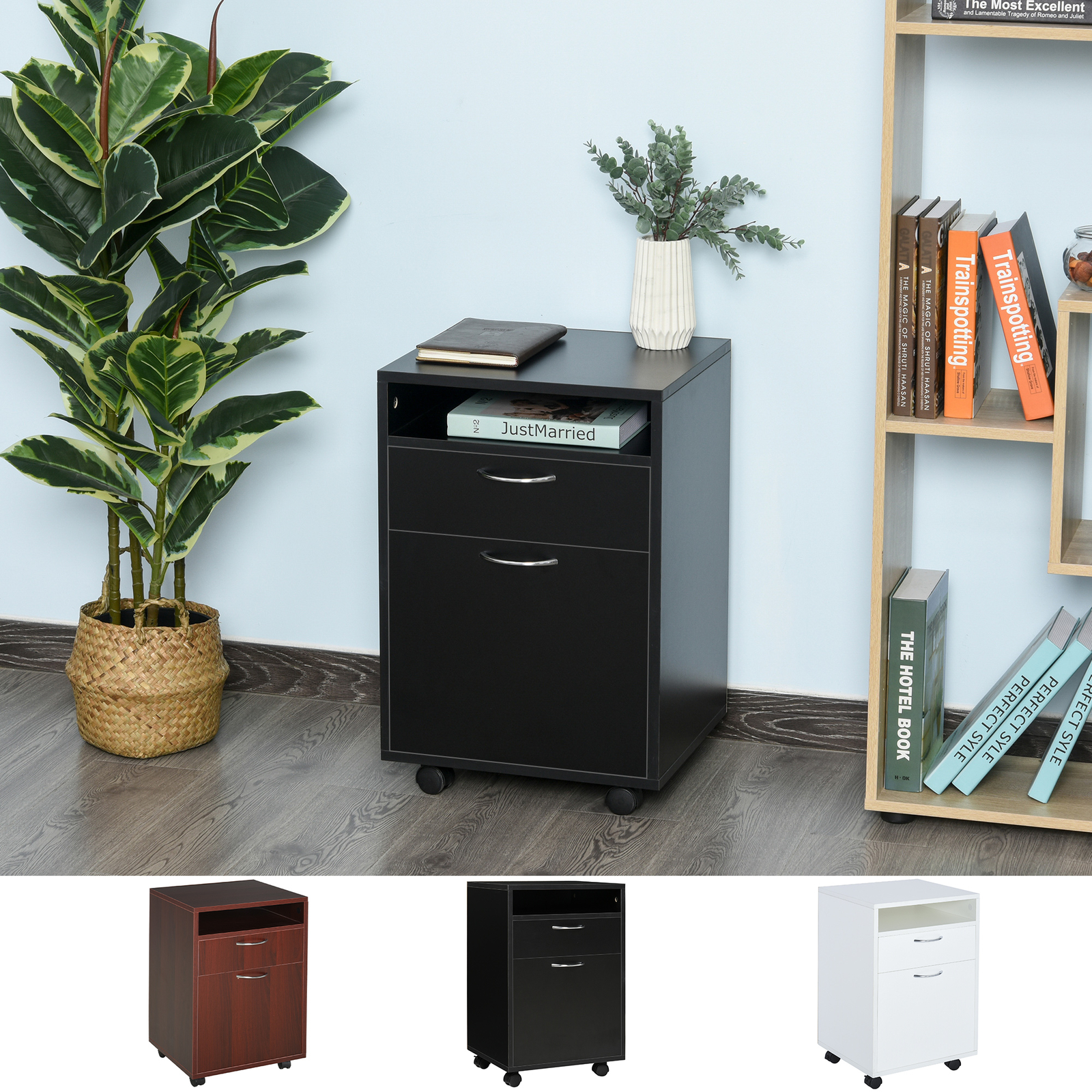 Rolling Filing Cabinet Storage W/ Drawer & Shelf Home Office Furniture