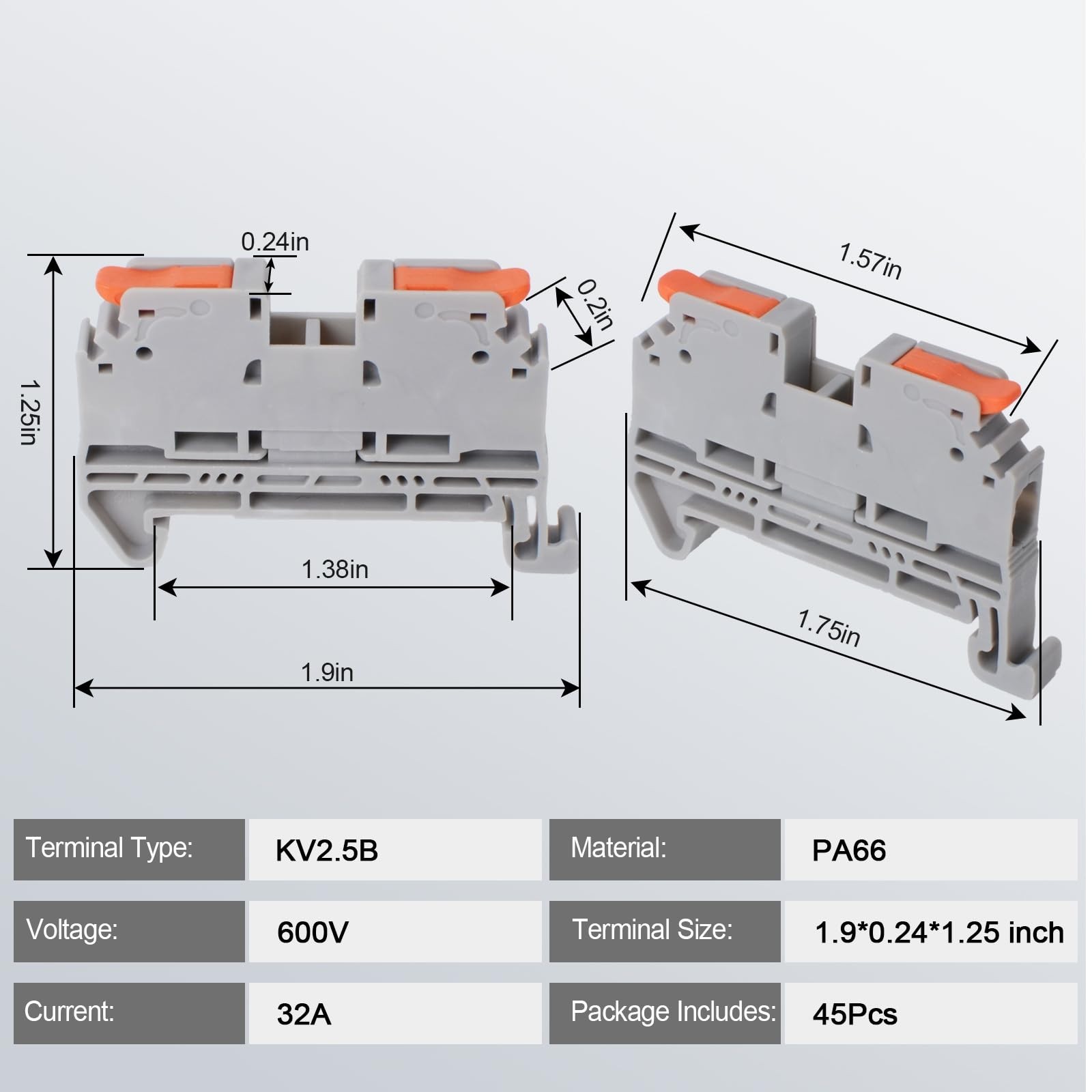 Compact DIN Rail Terminal Block Kit – 600V 32A, 28-12 AWG, Quick Connectors