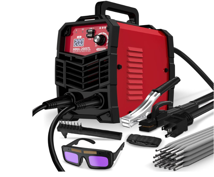 Soldadora compacta 200A 110V, inverter IGBT, portátil con 20 electrodos y gafas,