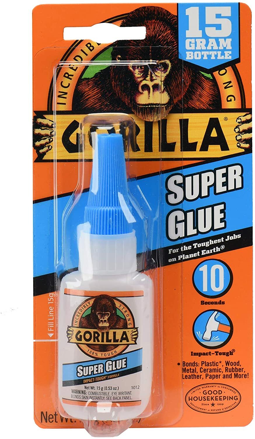 Gorilla Super Glue 15 Gram, Clear, Dries in 10-45 seconds, no clamping required.