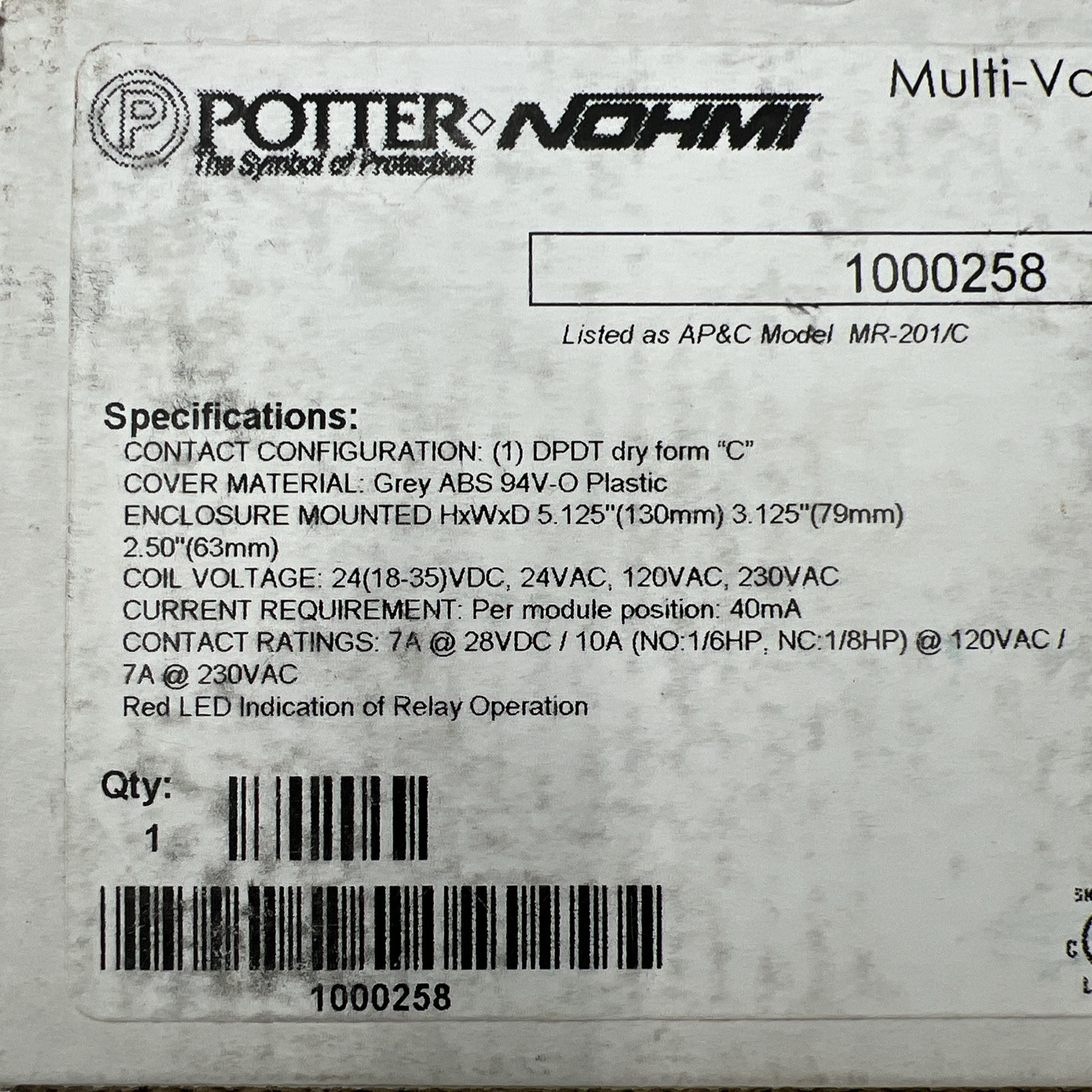 POTTER NOHMI Multi Voltage Control Relay #1000258