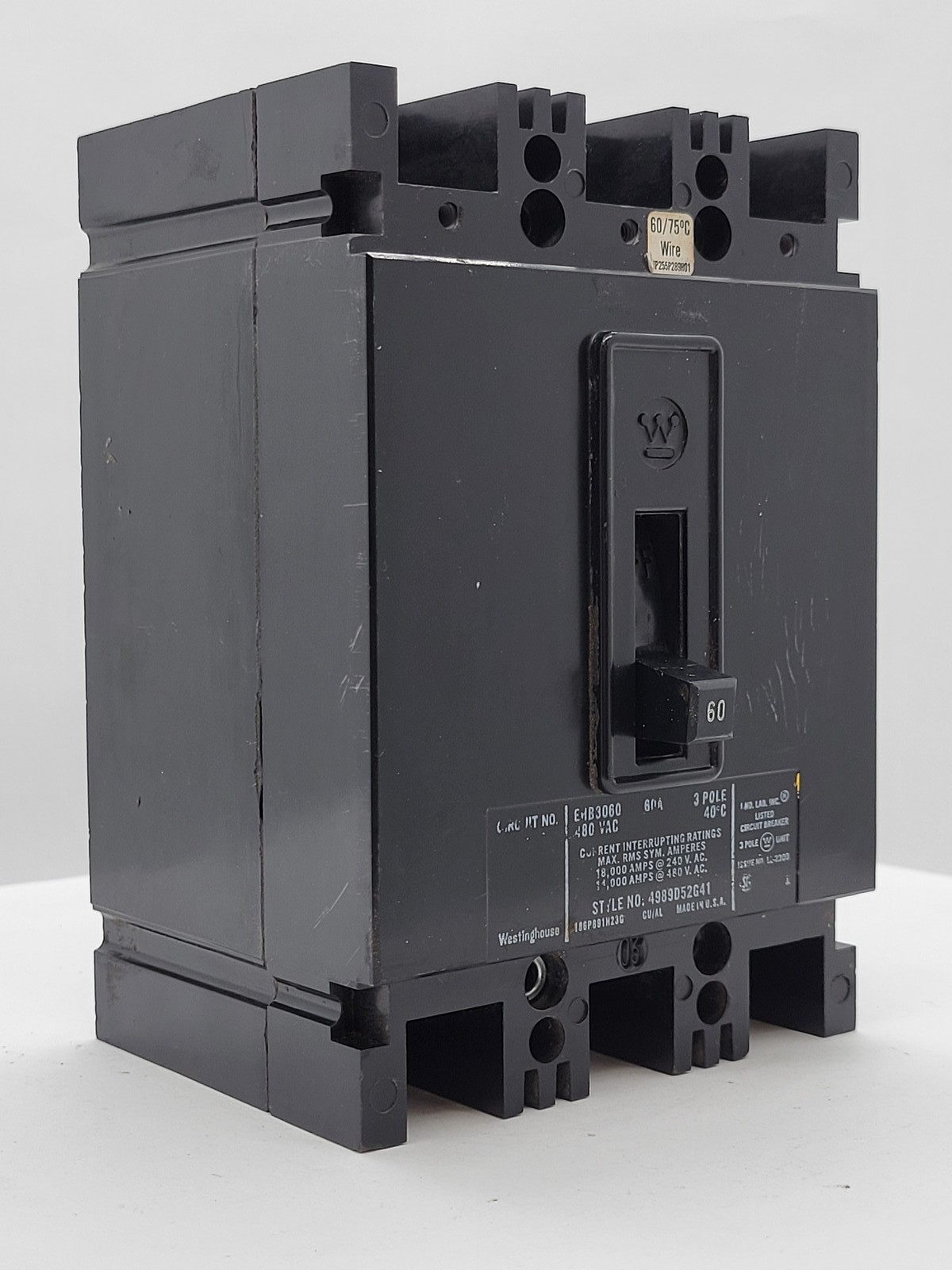 Westinghouse EHB3060 Bolt-On Circuit Breaker 60A 3P 3PH 480V 14KA EHB