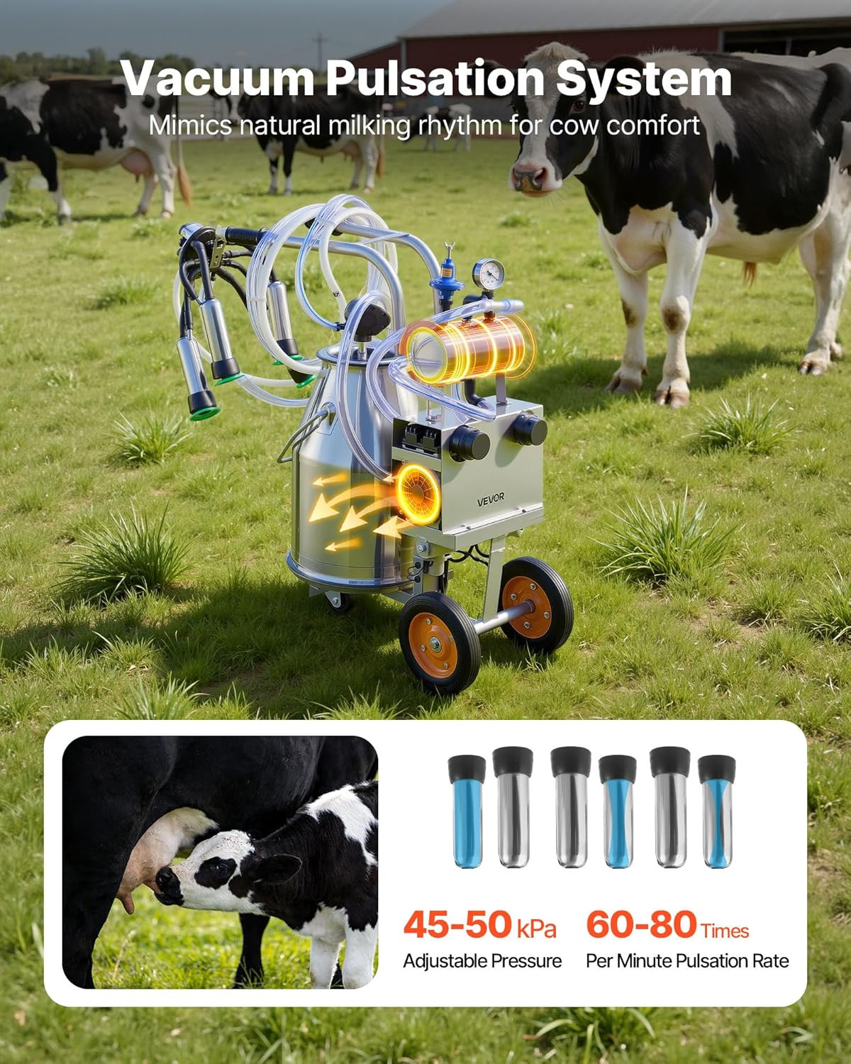 Electric Cow Milking Machine, 6.6 Gal / 25 L 304 Stainless Steel Bucket, Food-Gr