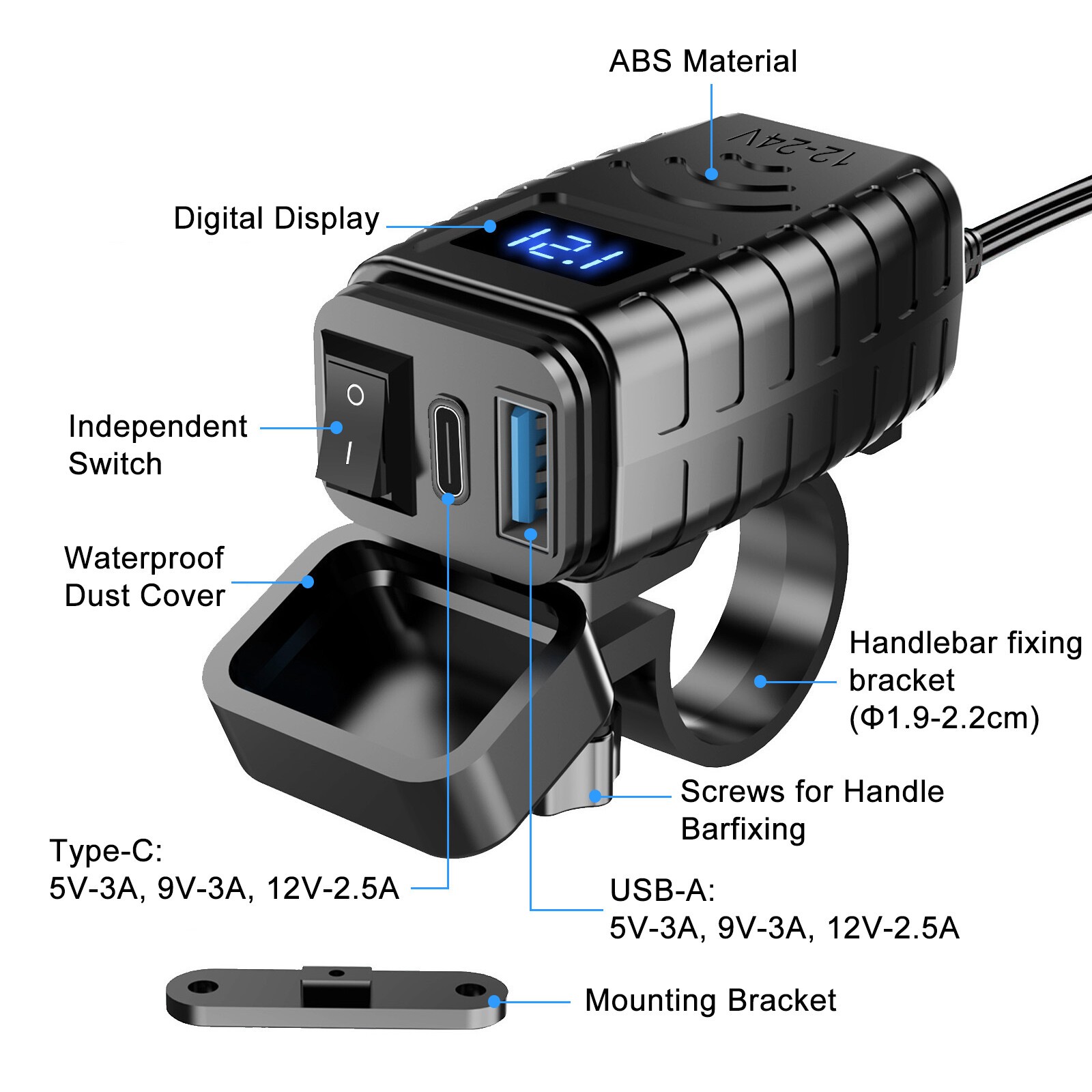 QC 3.0 Motorcycle SAE Dual USB Phone GPS Super Fast Charger Adapter Waterproof