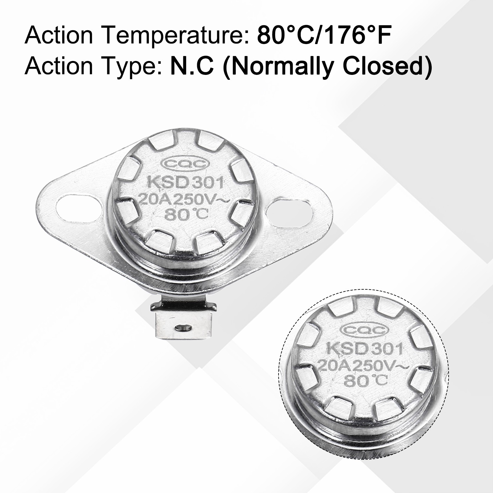 2 Pcs KSD301 Thermostat 80°C/176°F 20A N.C with Terminal Wire