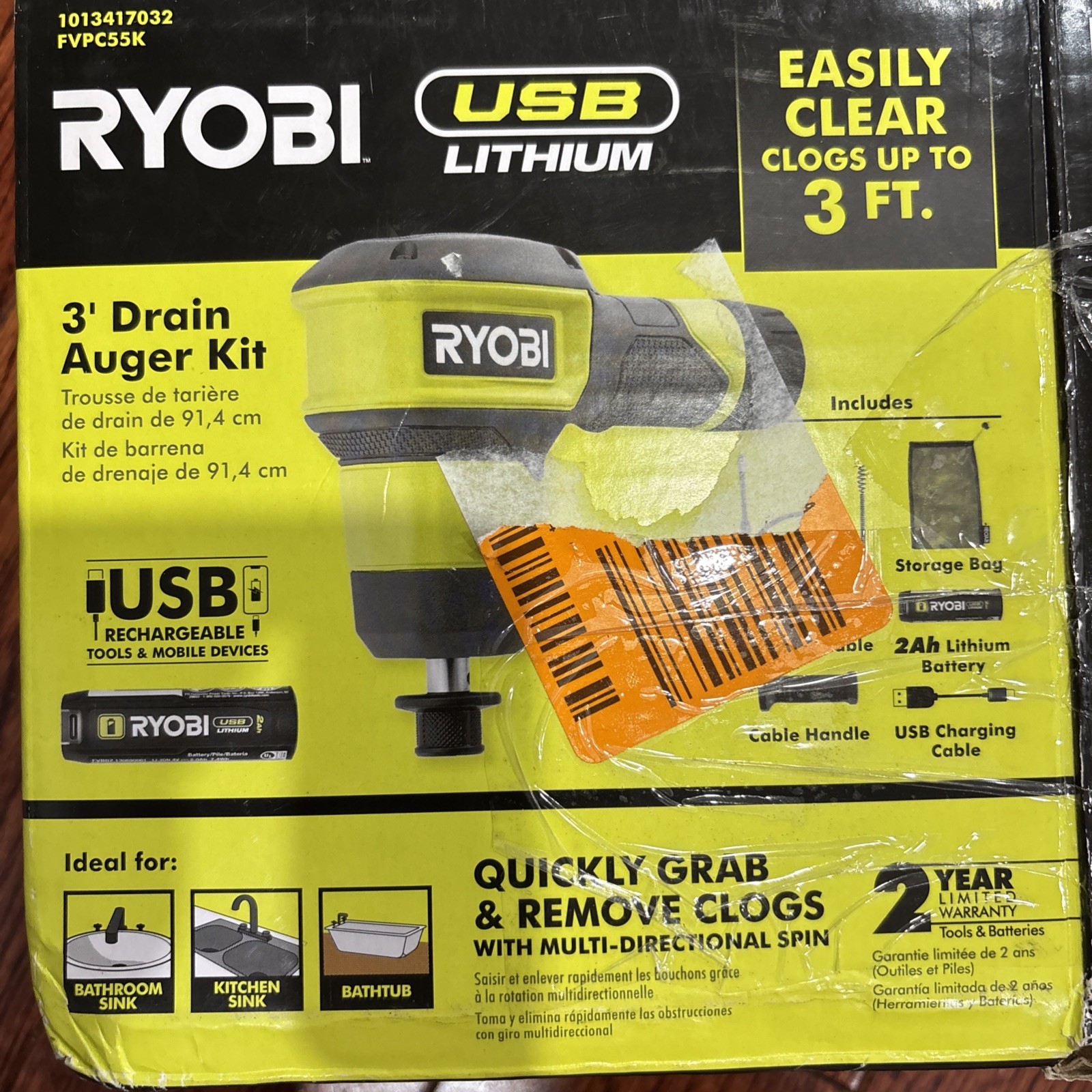 NEW Ryobi Lithium 3’ Drain Auger Kit UsbC 2AH Cordless FVPC55K Full Kit