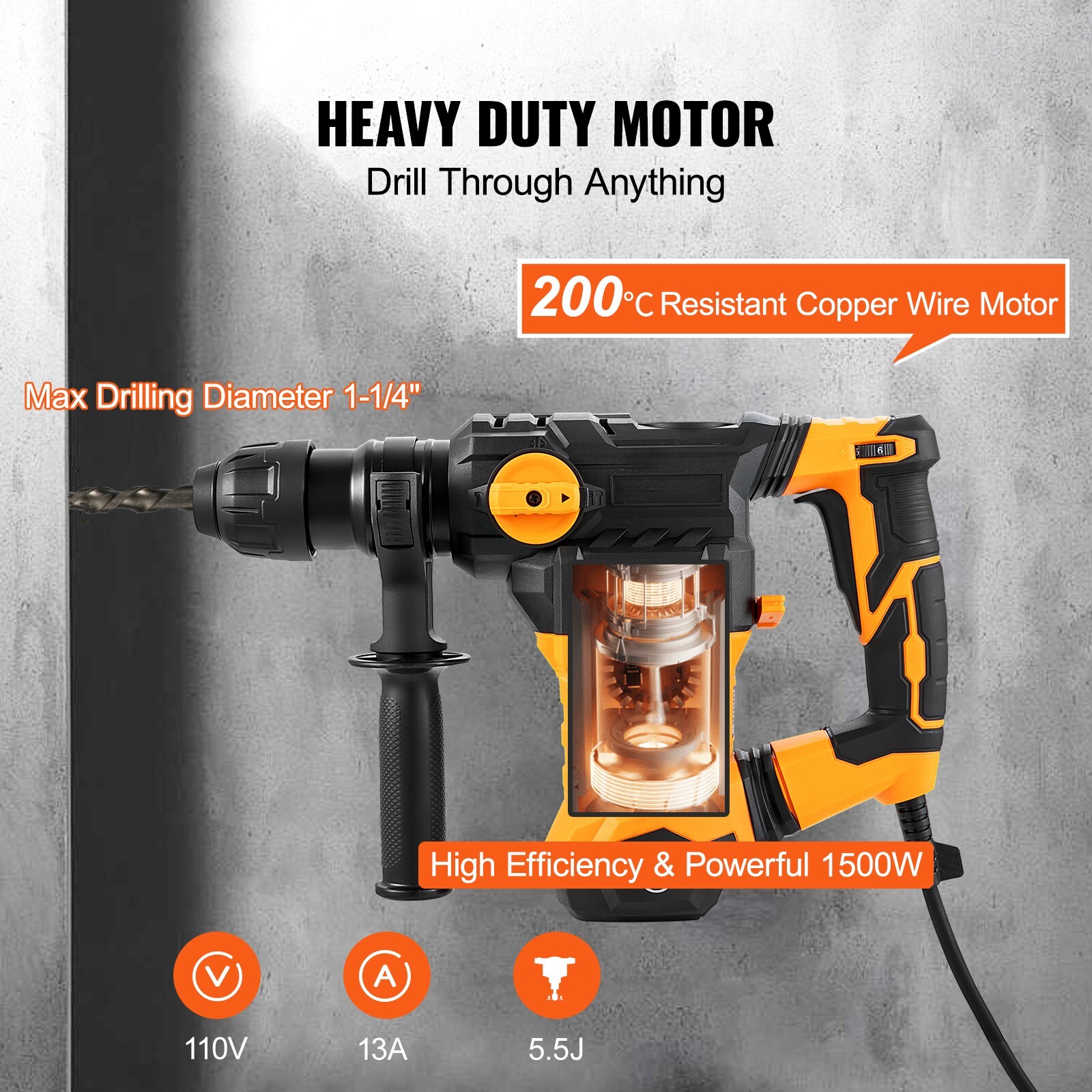 Rotary Hammer Drill Corded Drills 1-1/4″ 4 Modes SDS-Plus Chipping Hammers