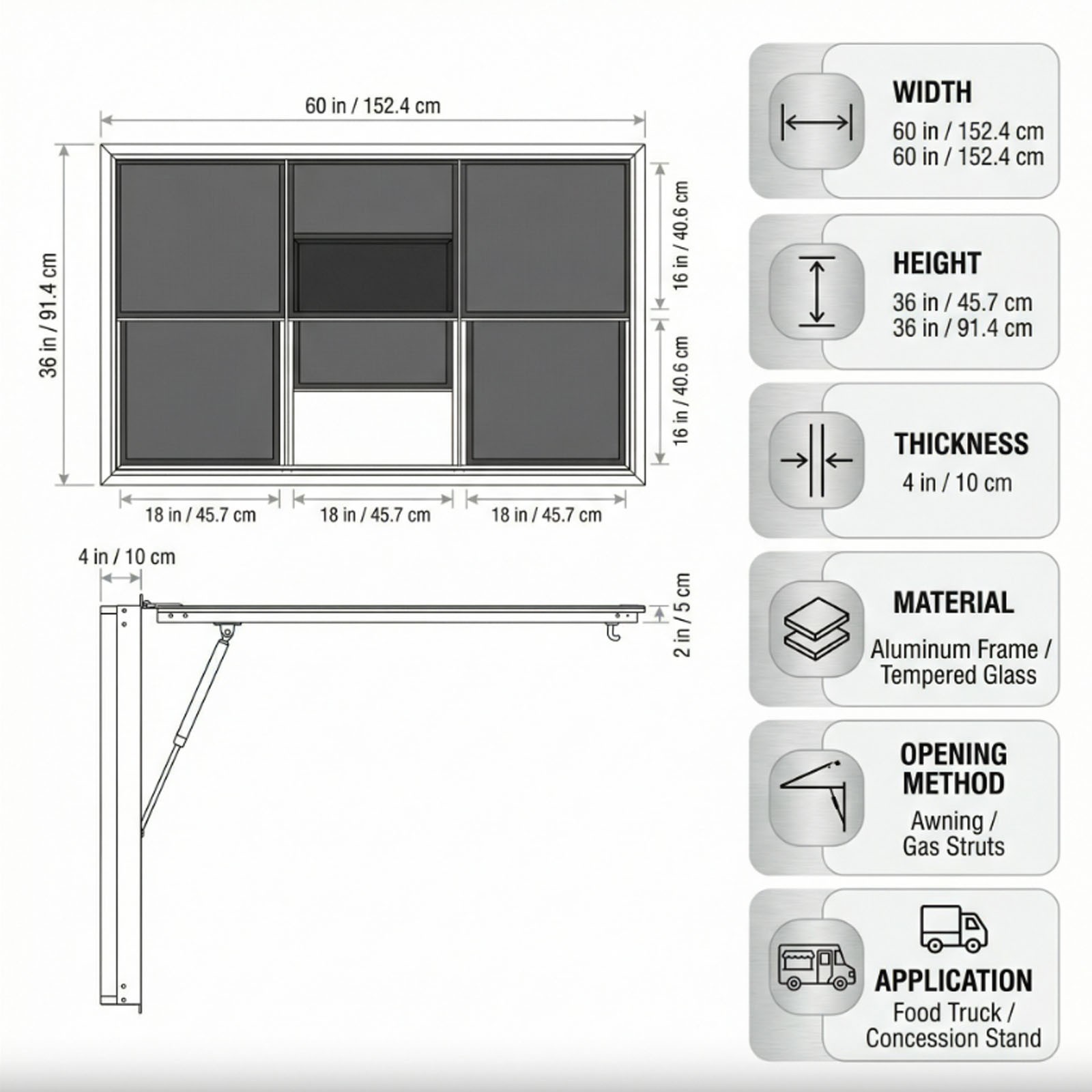 Concession Stand 60X36″Serving Window Food Truck Service Awning 6 Screen Windows
