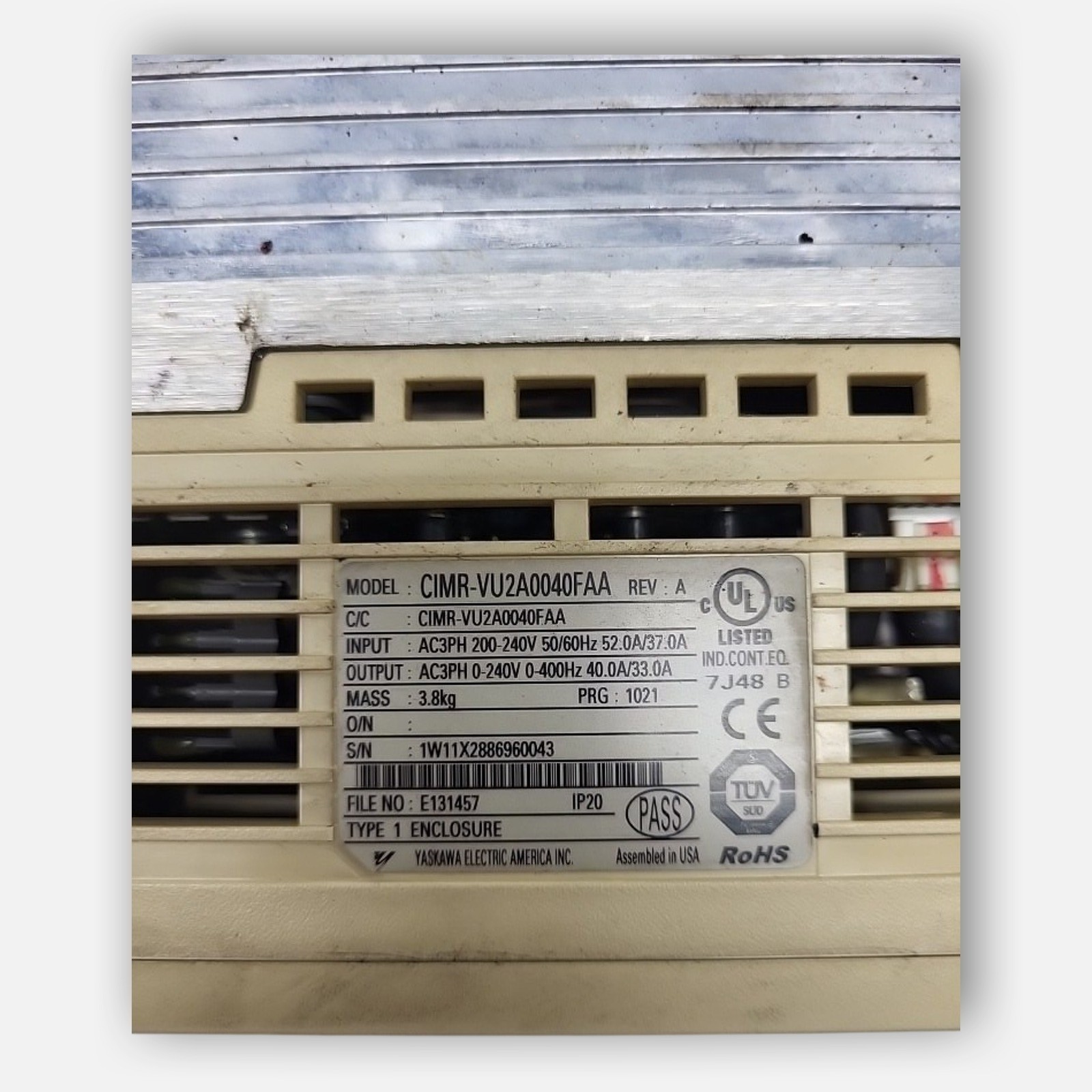 YASKAWA CIMR-VU2A0040FAA FREQUENCY DRIVE AC3PH, REV A, 200-24V, 52.0/37.0A