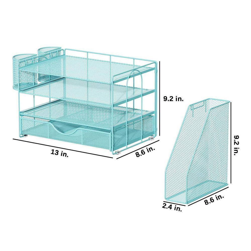 Blue 15.5 In. X 9.2 In. Metal Modern Desk File Holder with Drawer and 2 Pen Hold