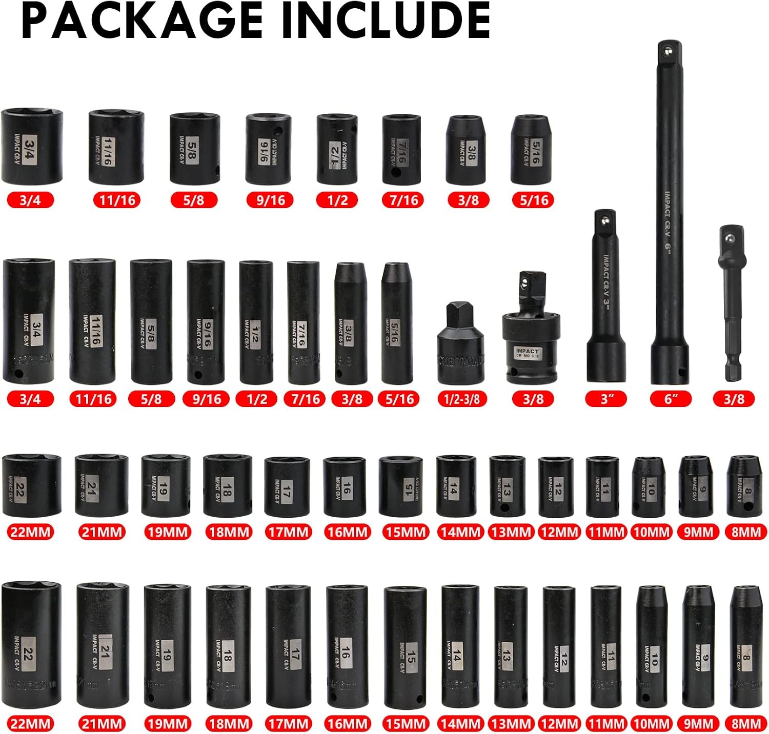 3/8″ Drive Impact Socket Set 49pc SAE/Metric Deep/Shallow 5/16-3/4 8-22mm