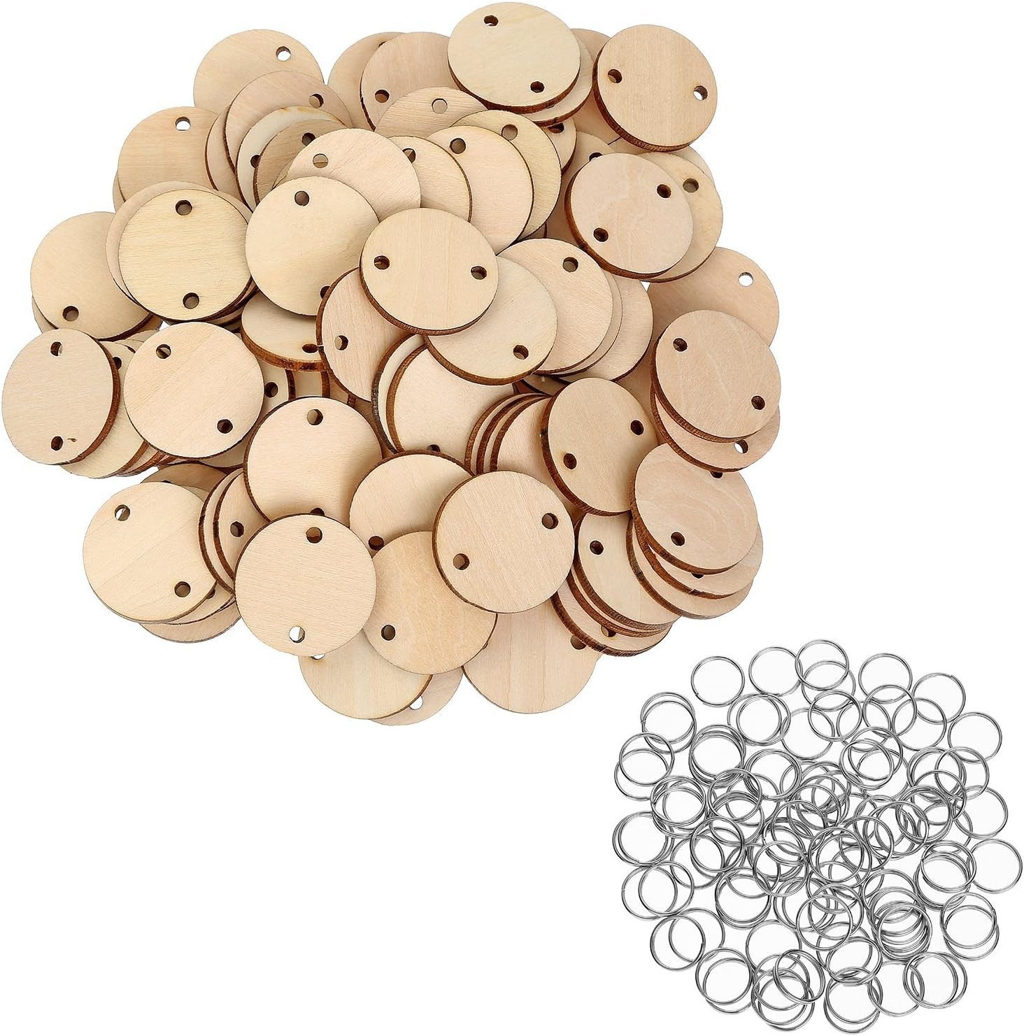 Bememo 1.5 inches/ 3.8 cm Round Wooden Discs with Holes, 100 Pieces 3.8CM