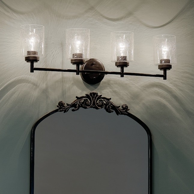 KICHLER Winslow 30″ 4-Light Black Contemporary Bathroom Light with Seeded Glass