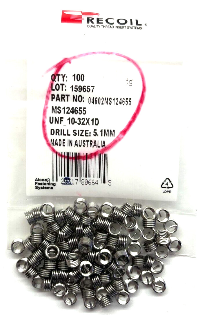 (100 PIECE LOT) MS124655, 18-8 SS Helical Insert 10-32 Right-Hand Thread 0.190″L
