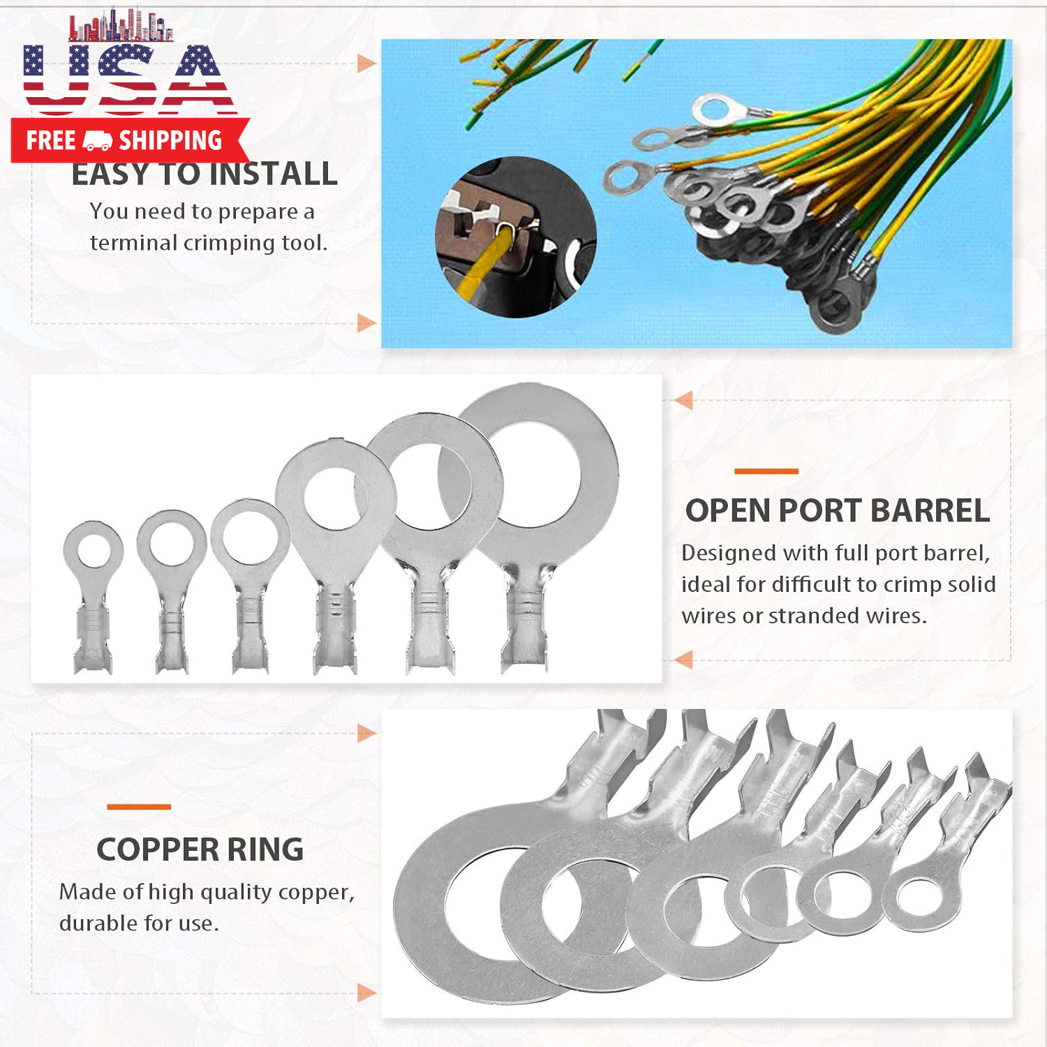 6 Sizes 240 Pcs Non-Insulated Ring Crimp Terminals Connector Assortment Set, O-T