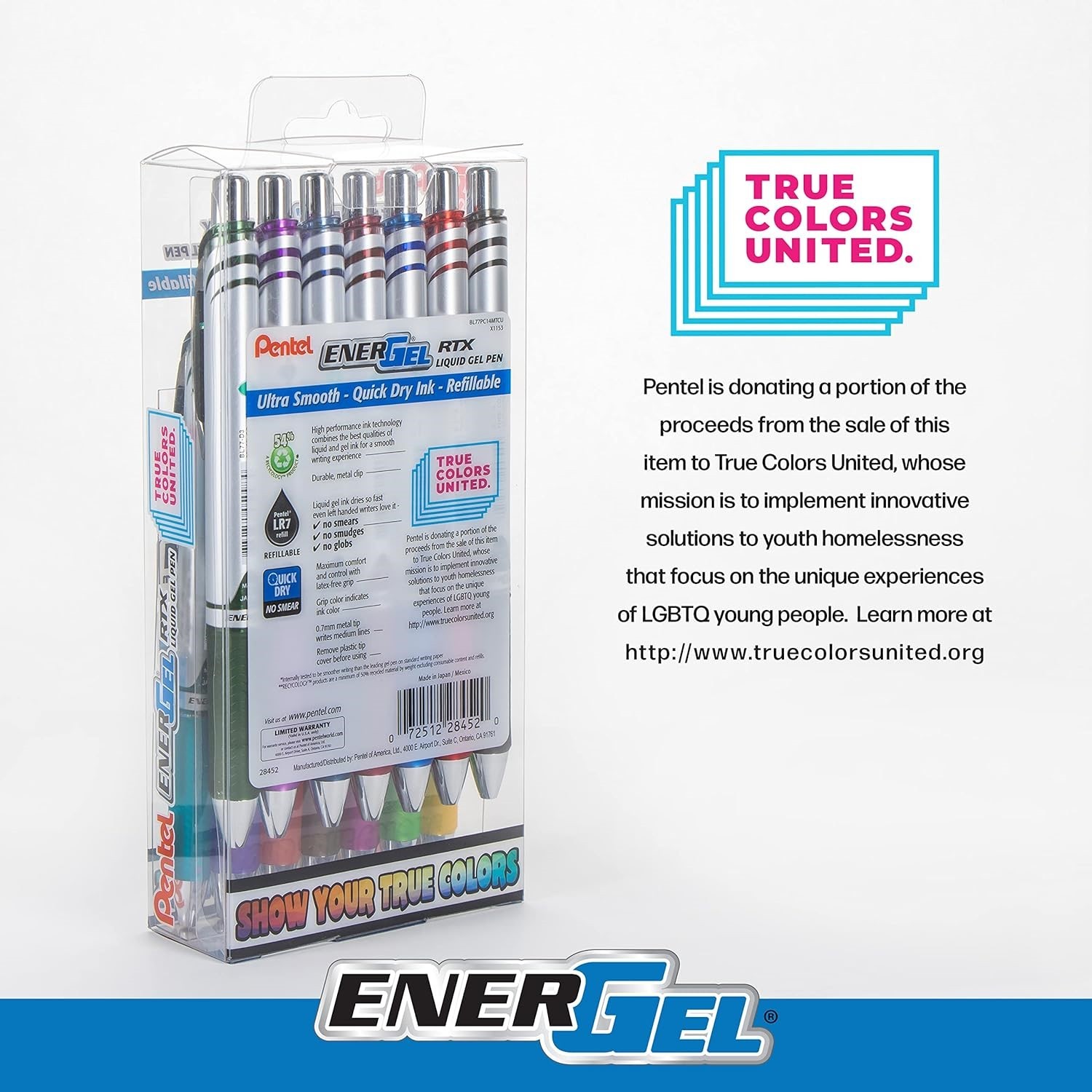 Pentel EnerGel RTX True Colors United (0.7mm) Medium Line, Assorted Ink NEW