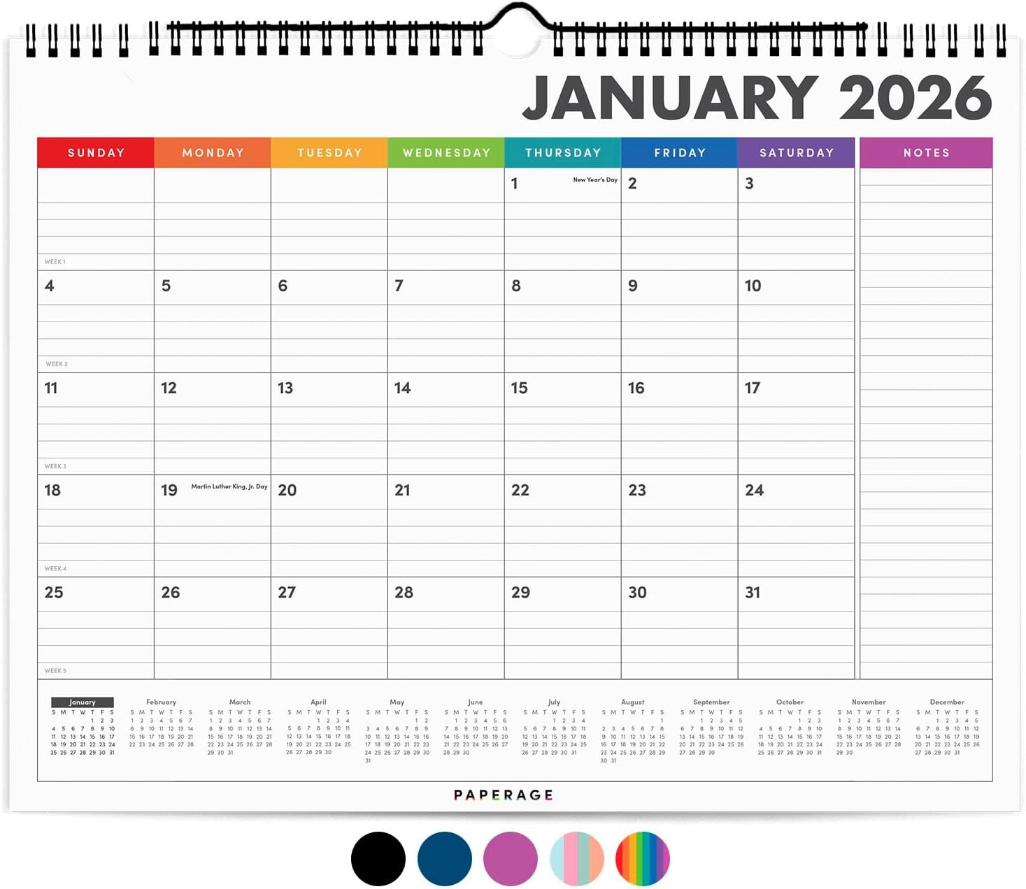 PAPERAGE 2026 Calendar, 12 Months (January 2026 – December Medium, Rainbow