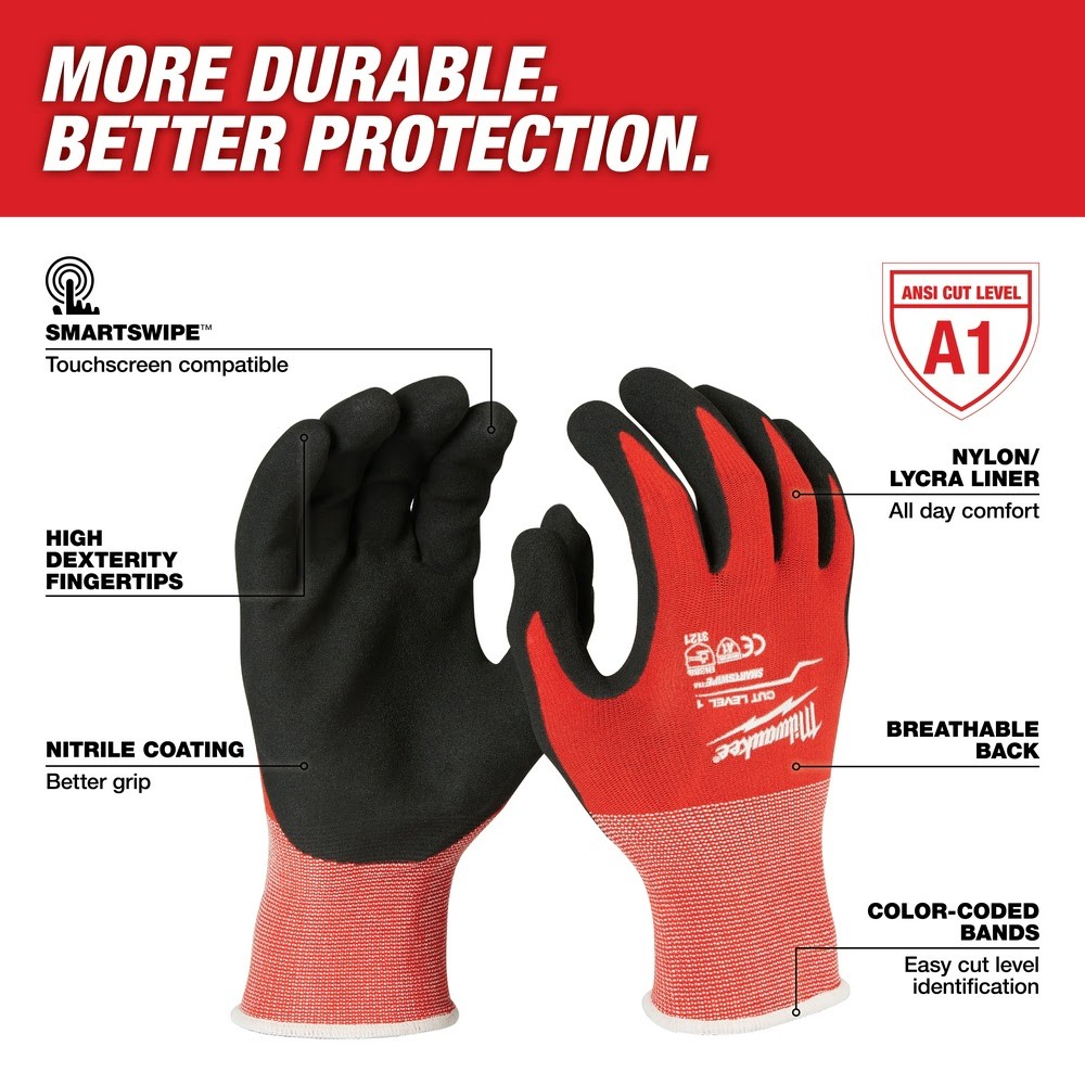 Milwaukee 48-22-8901 Smartswipe ANSI Cut Lvl 1 Nitrile Dipped Gloves, M (1-PK)