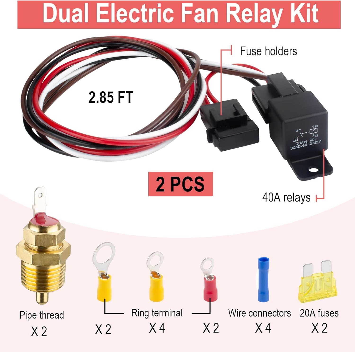 2 PCS Electric Fan Relay Kit, Dual Electric Fan Relay Kit, 185 Degree on 175 The