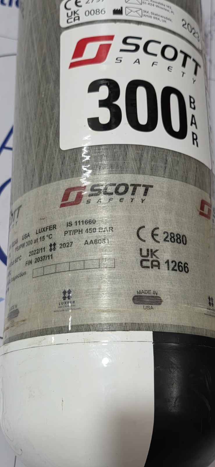 3m SCOTT SCBA SPARE CYLINDER 6.8LTR 300BAR 11/2023