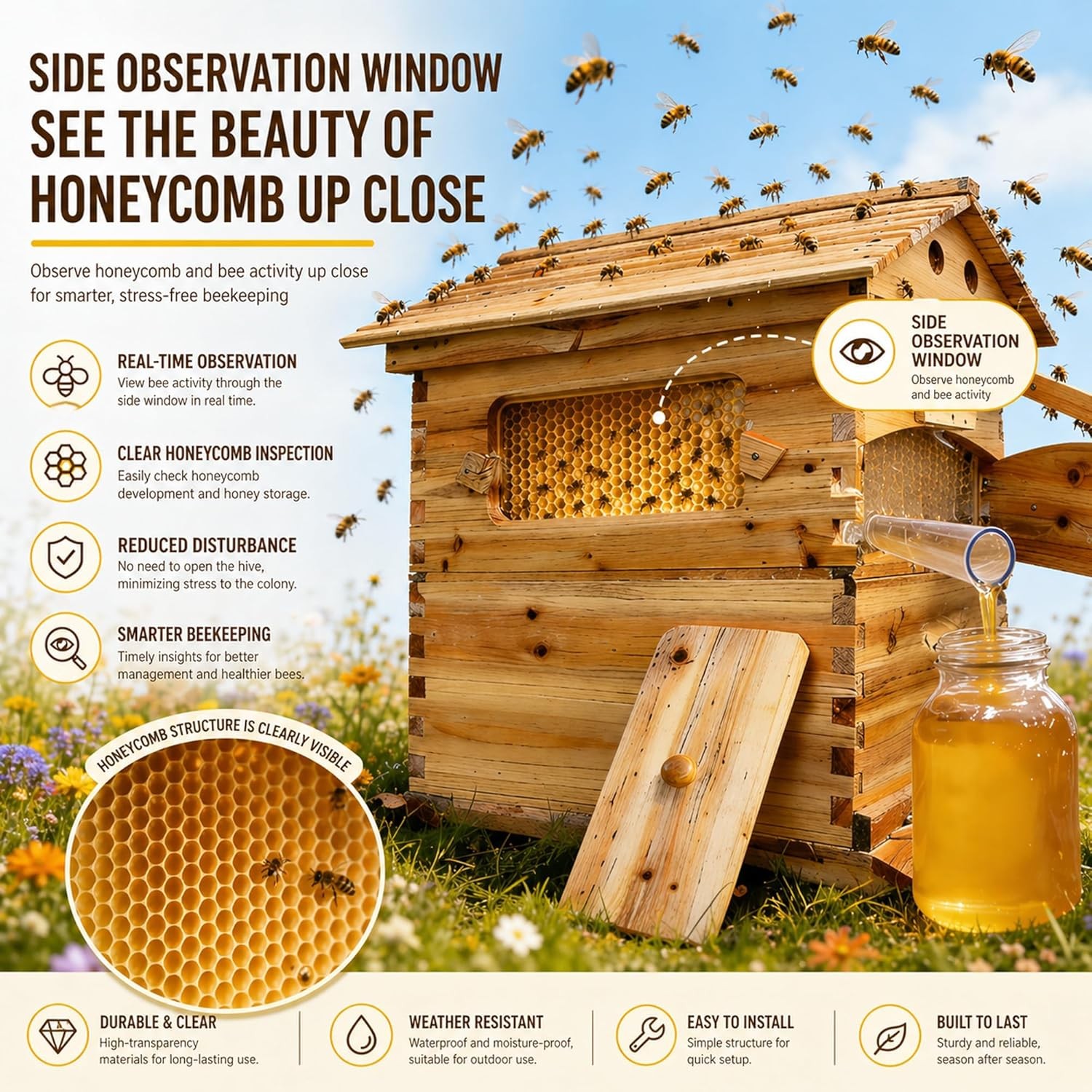 Auto Beehive Starter Kit Wooden Bee Hive Box with 7pcs Honey Tap Frames Beginner