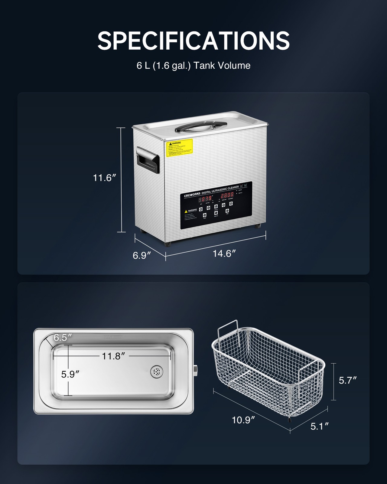 CREWORKS 6L Ultrasonic Cleaner with Control Panel 1-30 min. Timer & Degas Mode