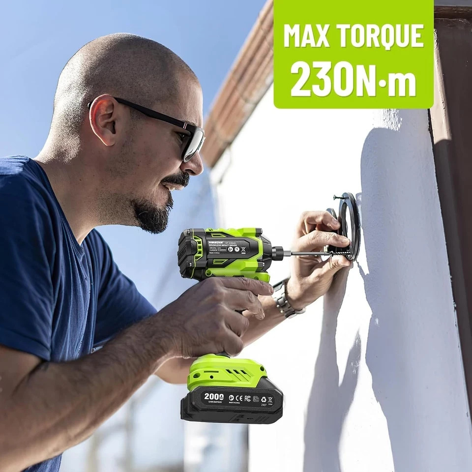 Brushless Impact Driver Drill Set, 20Psc Screwdriver Bits 2.0 Ah Variable Speed.