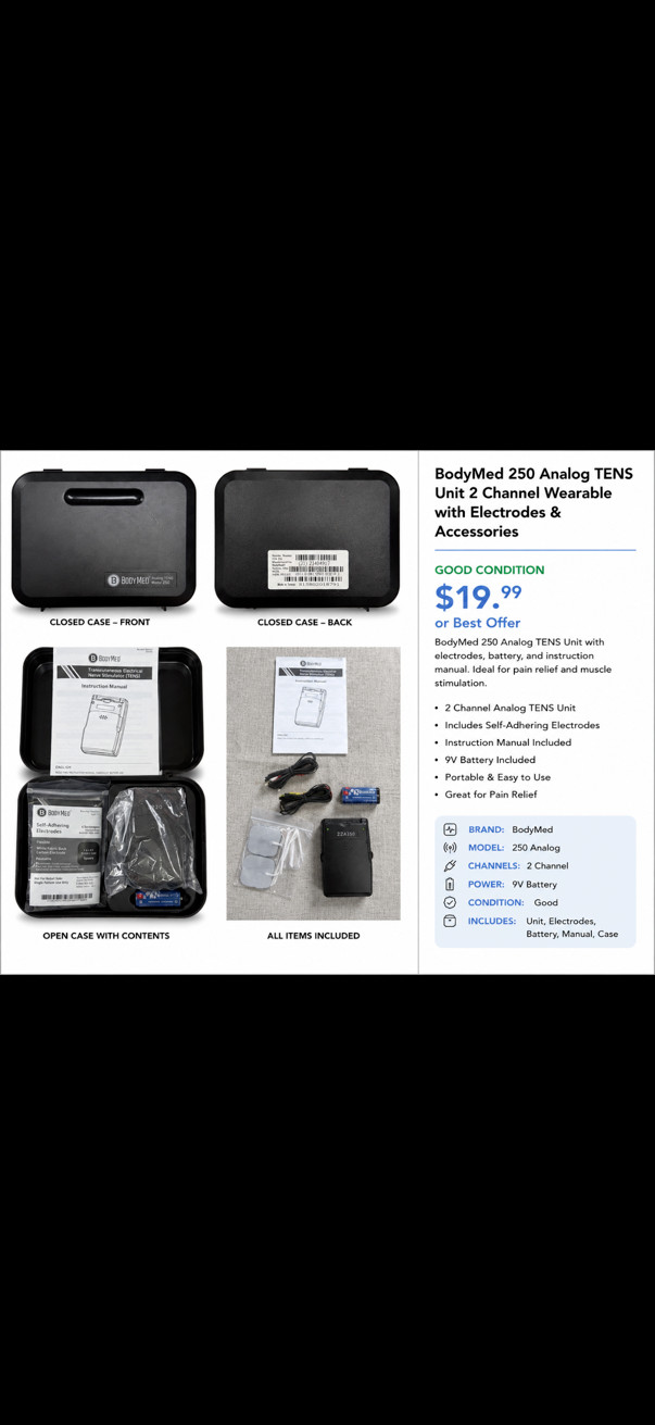 BodyMed 250 Analog TENS Unit 2 Channel Wearable with Electrodes & Accessories