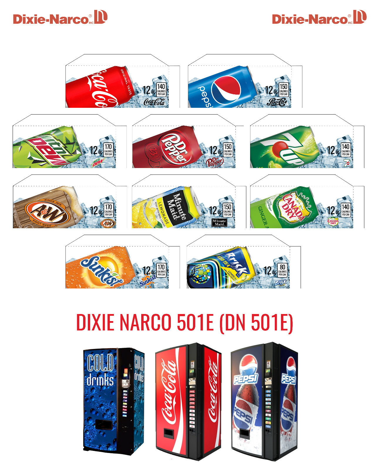 (10) Dixie Narco 501e 12 oz «CAN» Vend Labels – Flavor Strips -VARIETY PACK