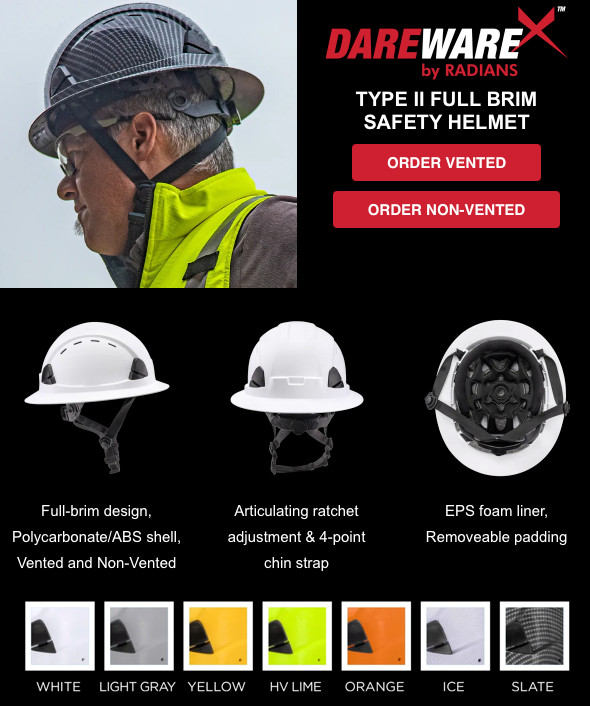 Radians RHF2 Dareware X™ Type II Class E Full Brim Safety Helmet