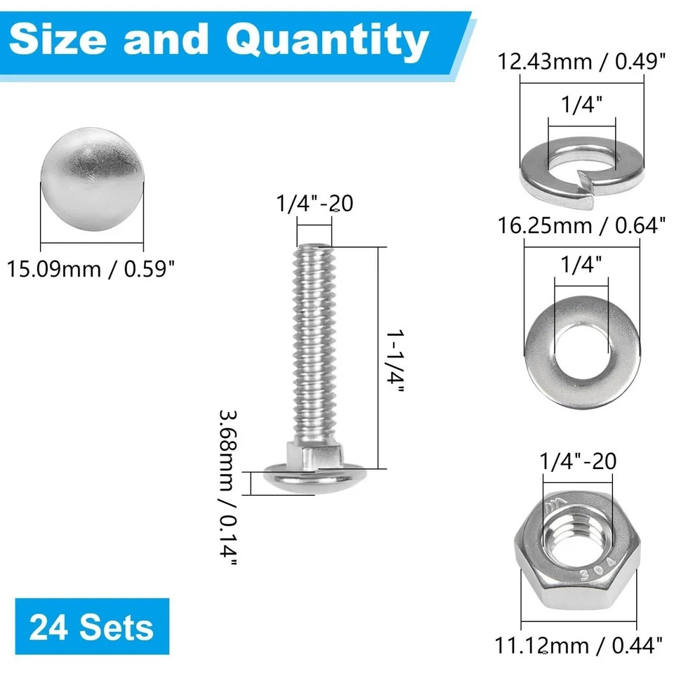 24 Sets 1/4-20 x 1-1/4″ Carriage Bolts Screws, 304 Stainless Steel Round Head…