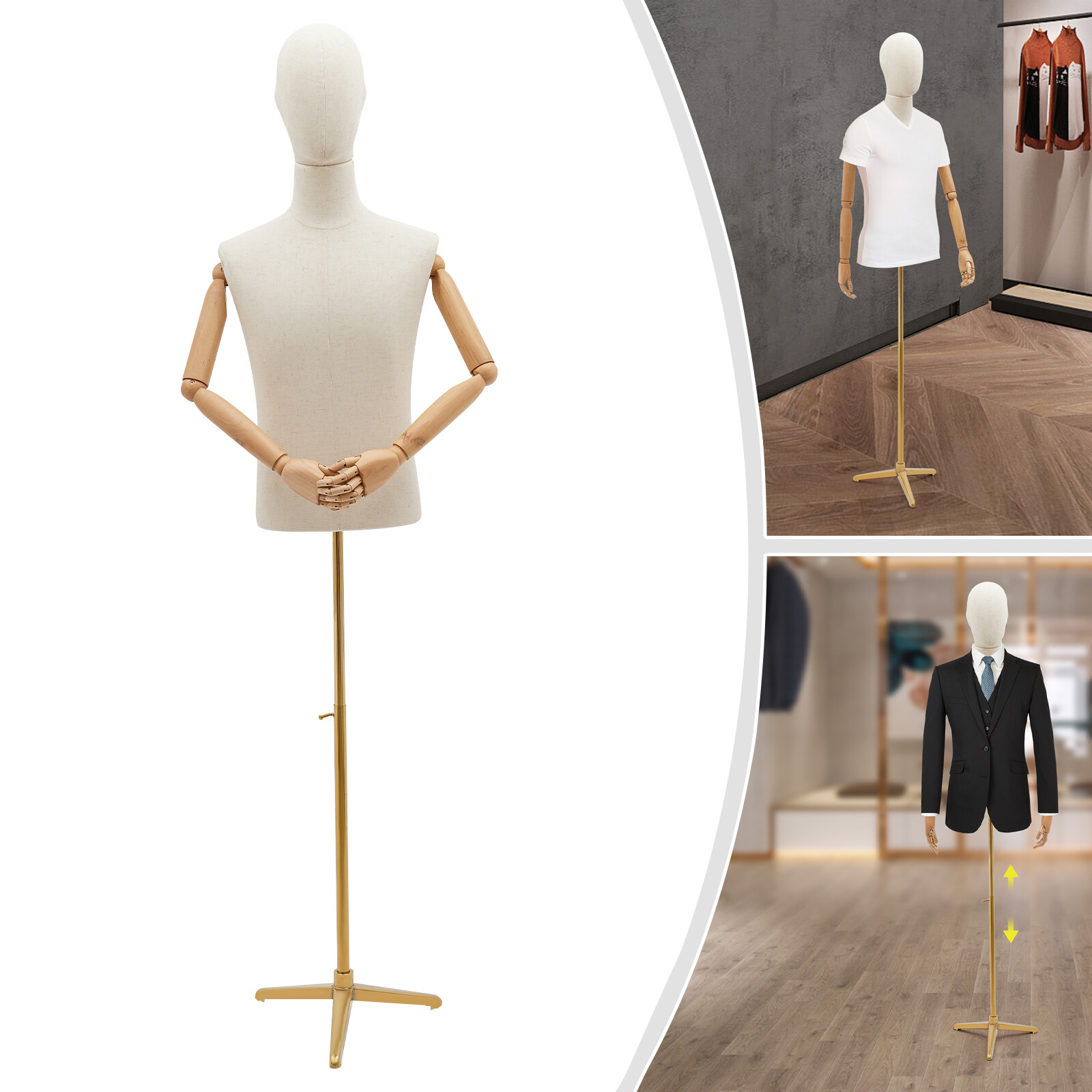Half Body Mannequin Display Male Dress Form Adjustable Height Head & Hand Turn
