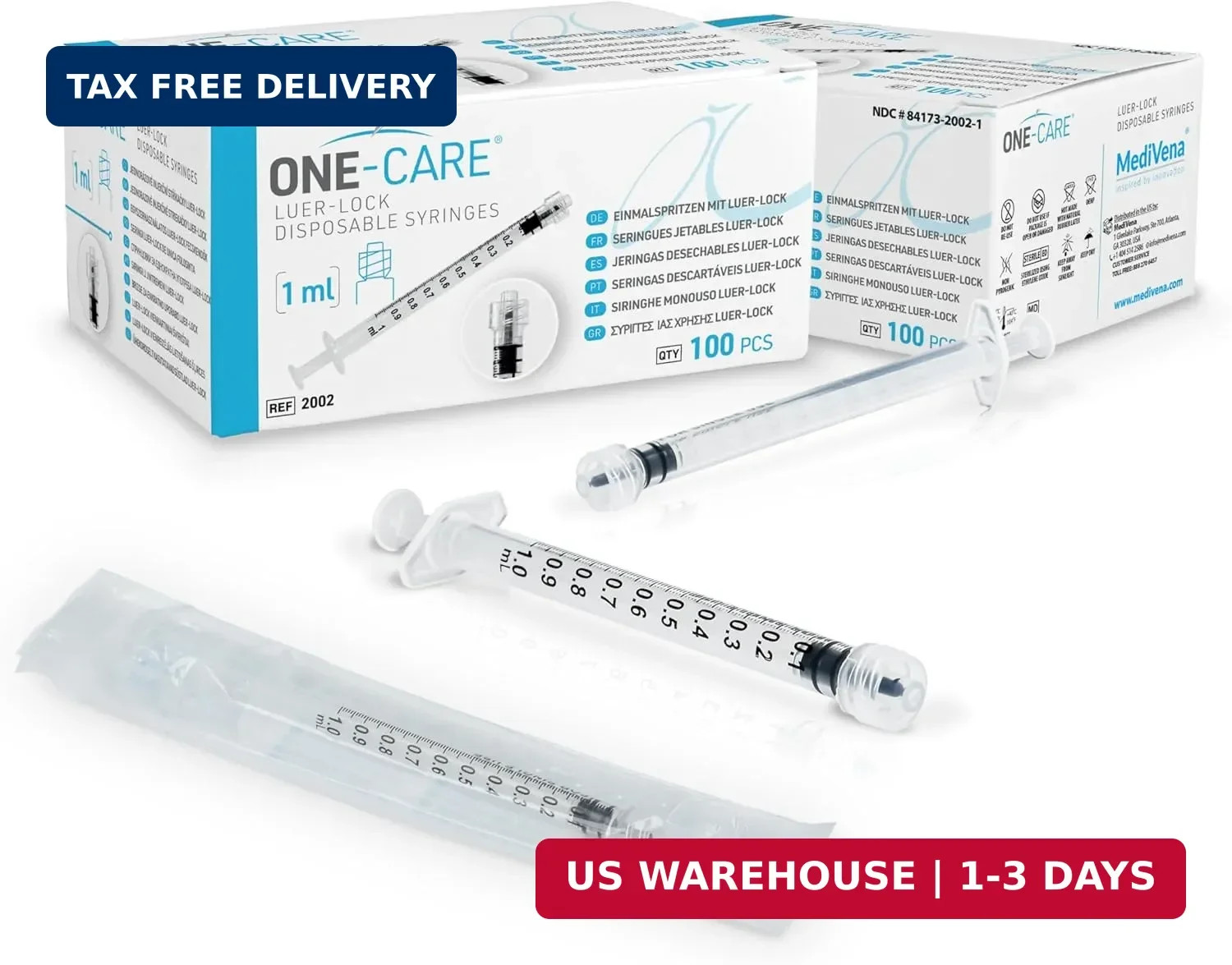ONE-CARE 1ml (1cc) Luer Lock Syringe, box of 100 pcs Individually Packed | High-